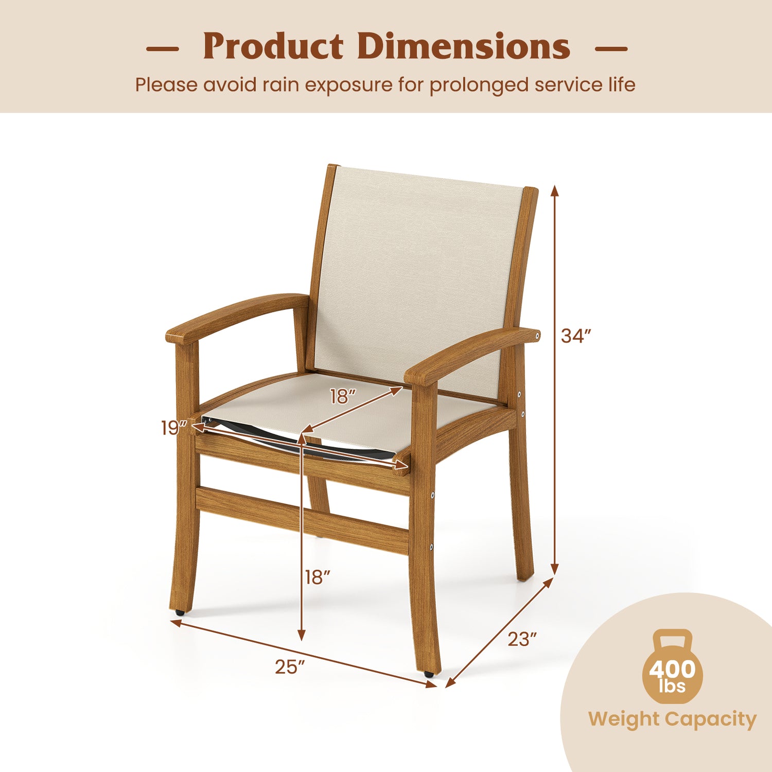 Set of 2 Patio Dining Chairs with Breathable Fabric and Acacia Wood Frame