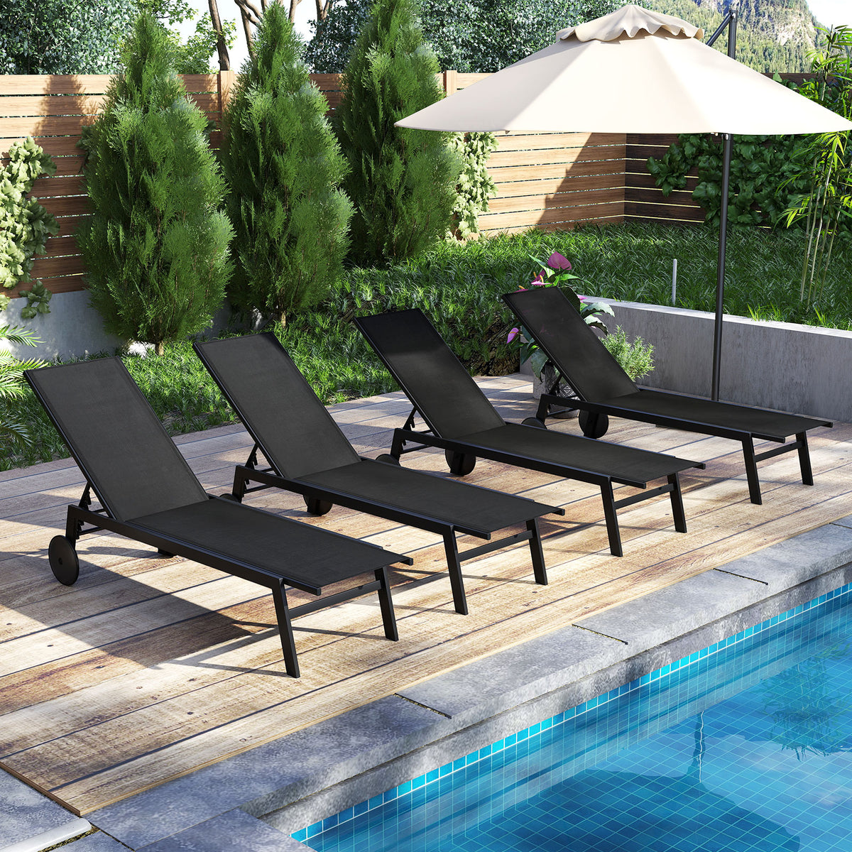 Patio Chaise Lounge Chair with Wheels and 6-Level Adjustable Backrest Set of 1/2