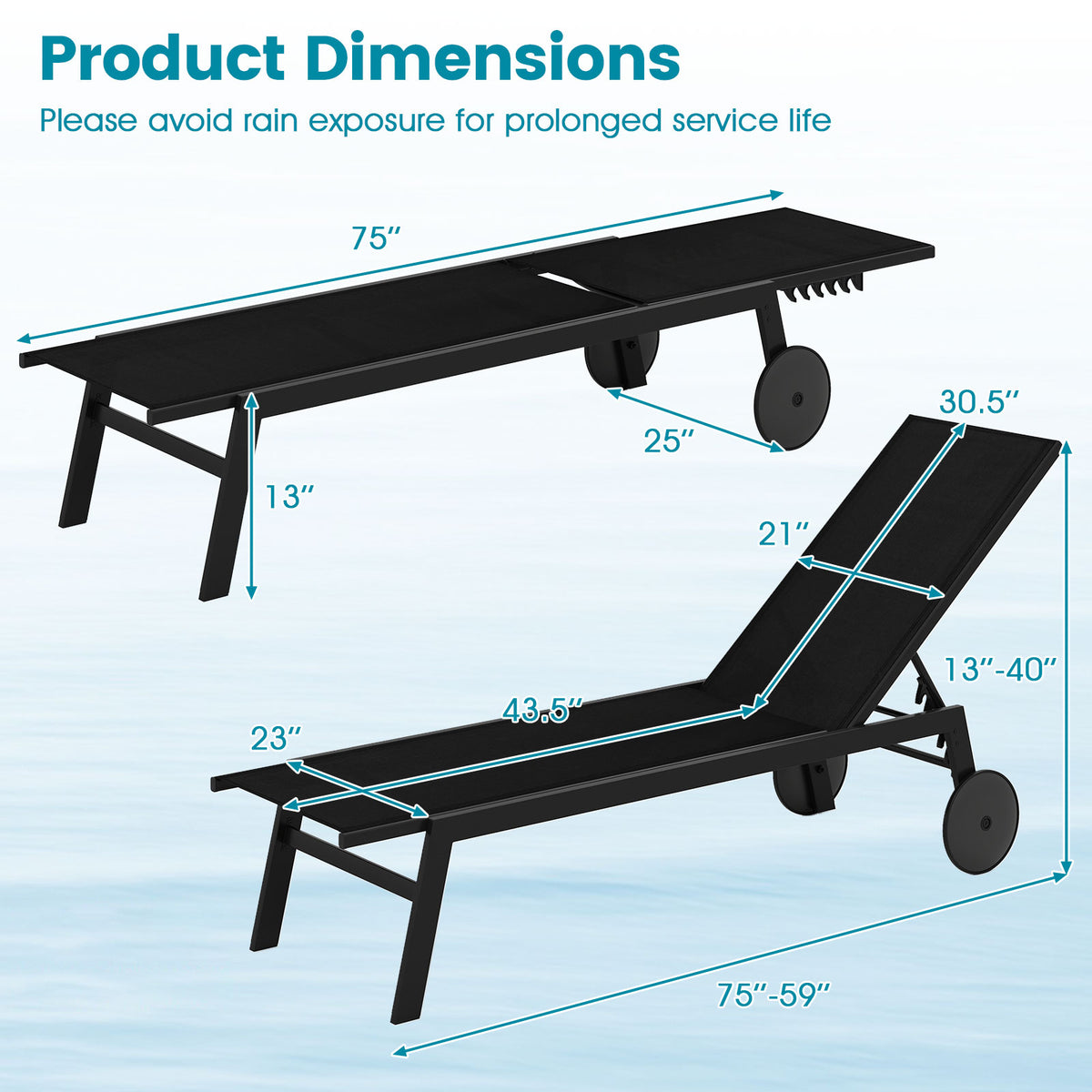 Patio Chaise Lounge Chair with Wheels and 6-Level Adjustable Backrest Set of 1/2