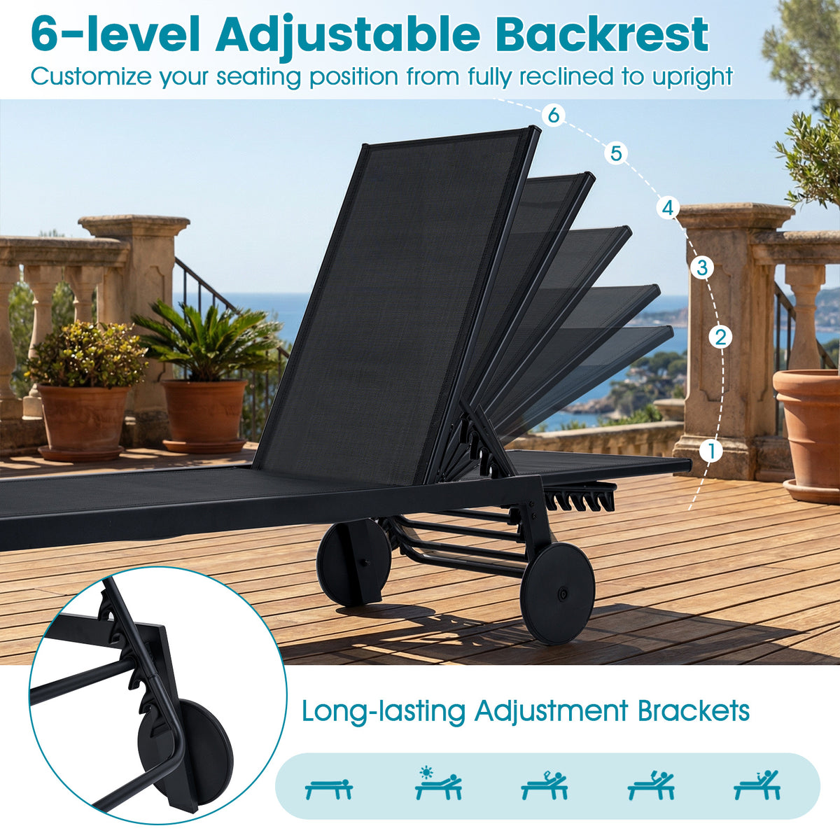 Patio Chaise Lounge Chair with Wheels and 6-Level Adjustable Backrest Set of 1/2