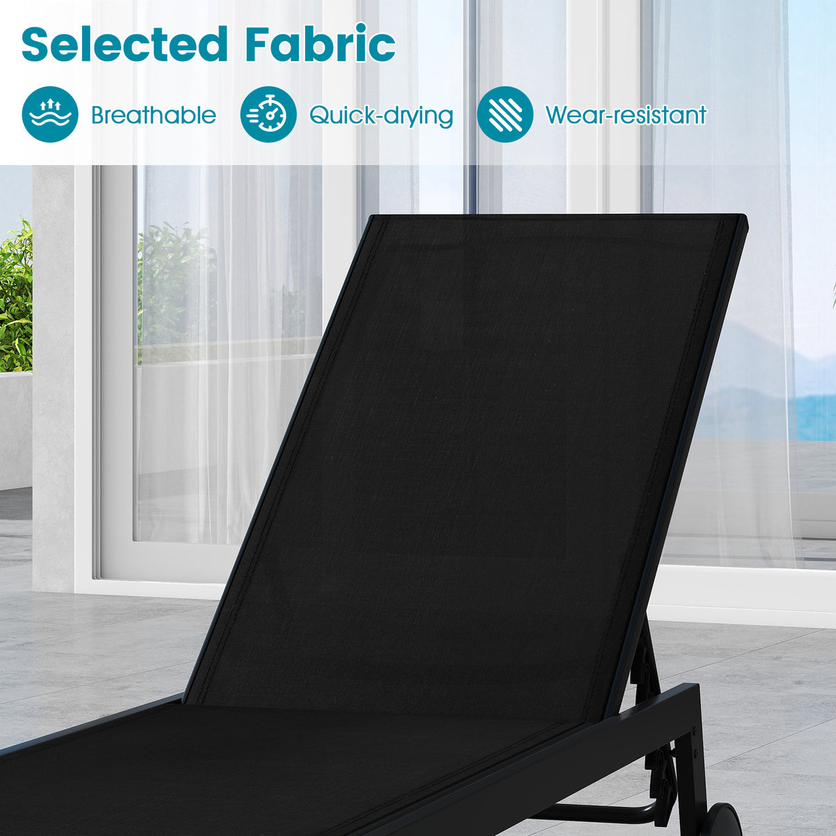 Patio Chaise Lounge Chair with Wheels and 6-Level Adjustable Backrest Set of 1/2