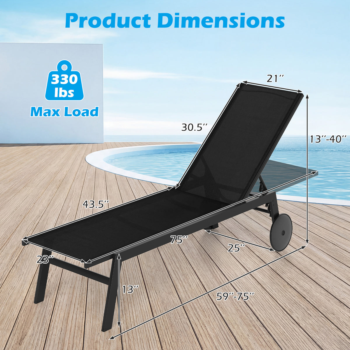 Patio Chaise Lounge Chair with Wheels and 6-Level Adjustable Backrest Set of 1/2