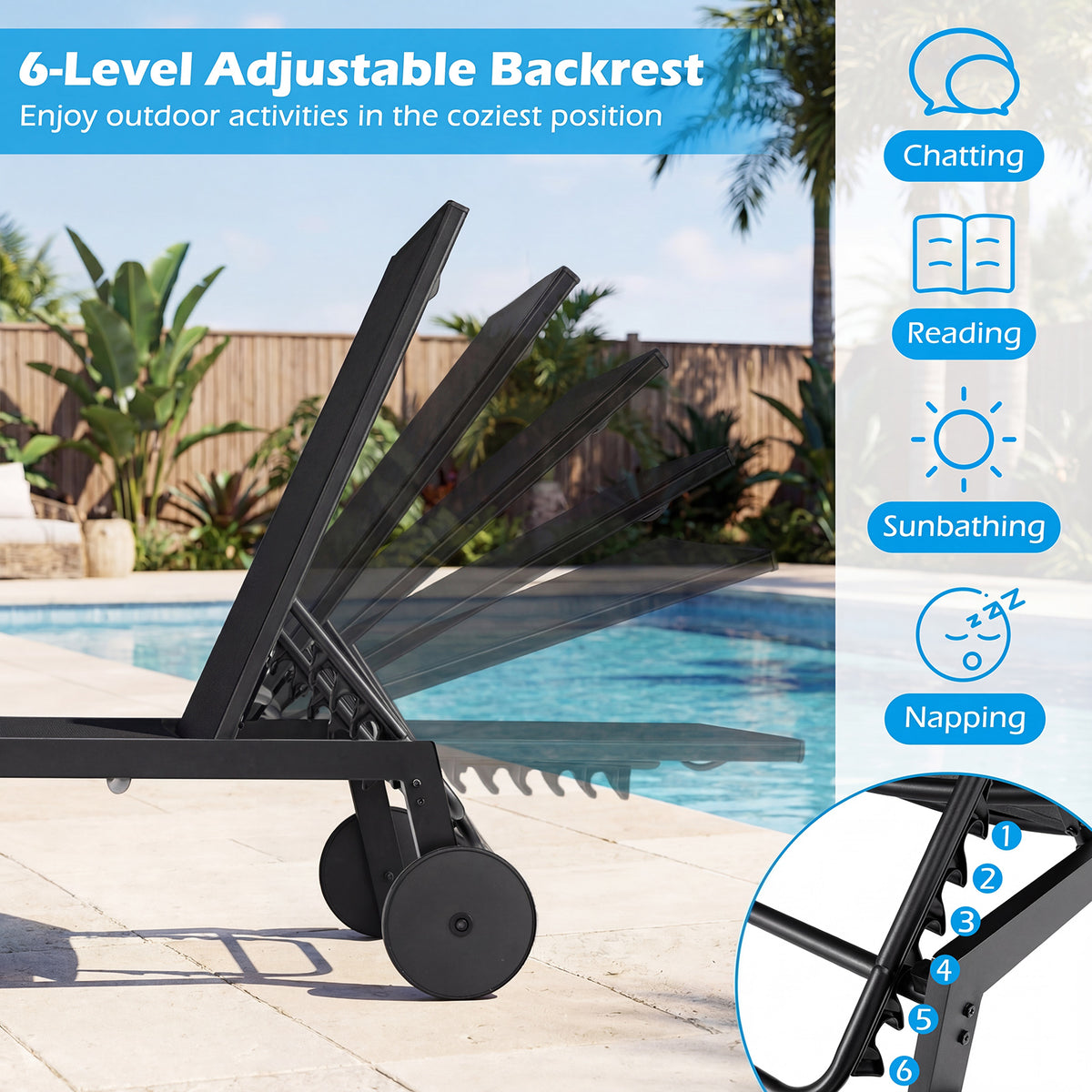 Patio Chaise Lounge Chair with Wheels and 6-Level Adjustable Backrest Set of 1/2
