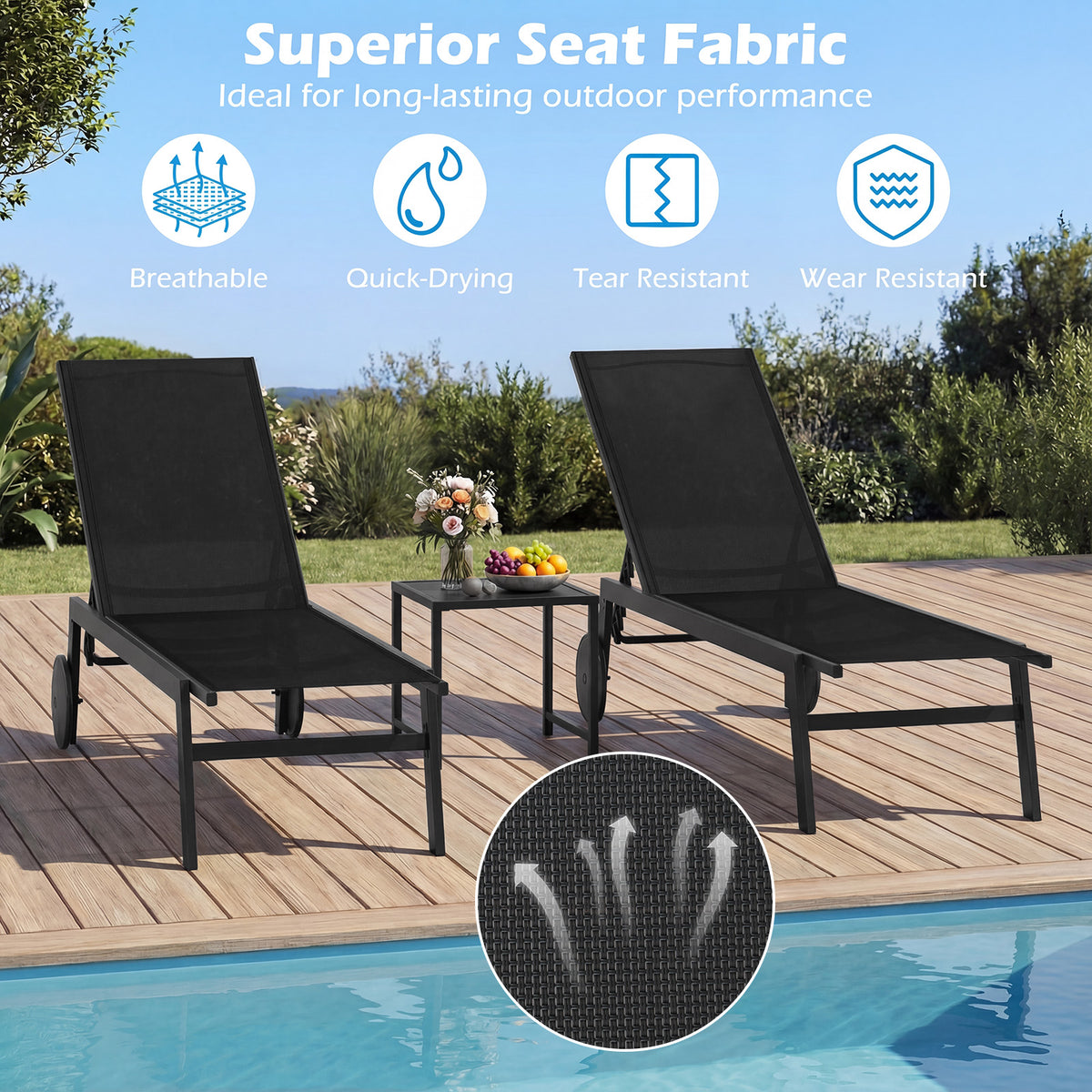 Patio Chaise Lounge Chair with Wheels and 6-Level Adjustable Backrest Set of 1/2