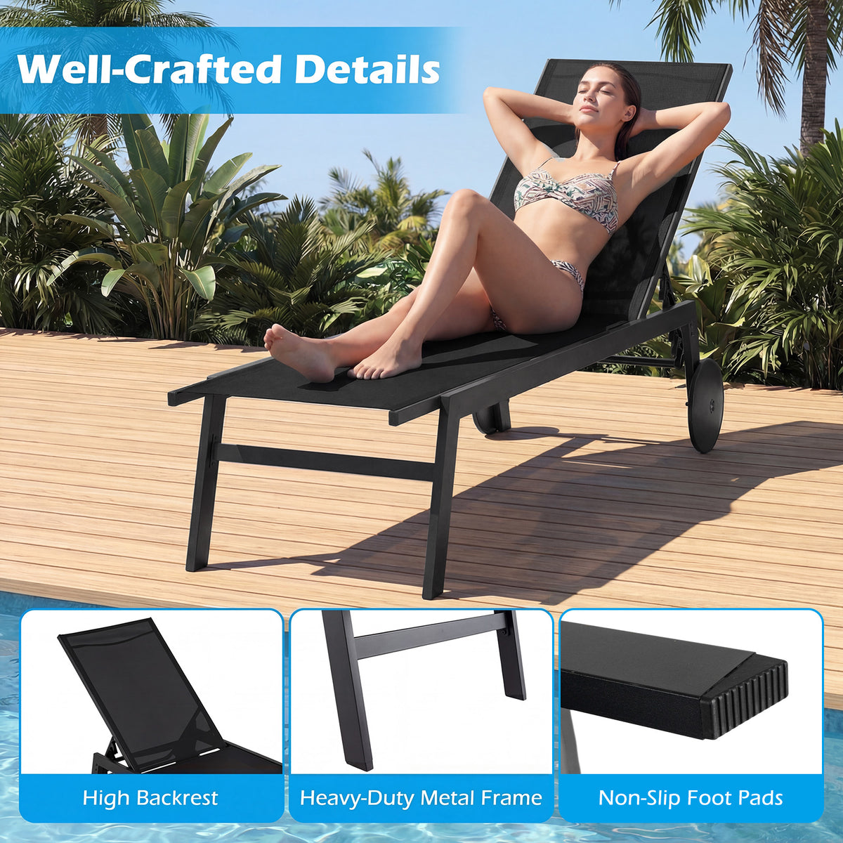 Patio Chaise Lounge Chair with Wheels and 6-Level Adjustable Backrest Set of 1/2