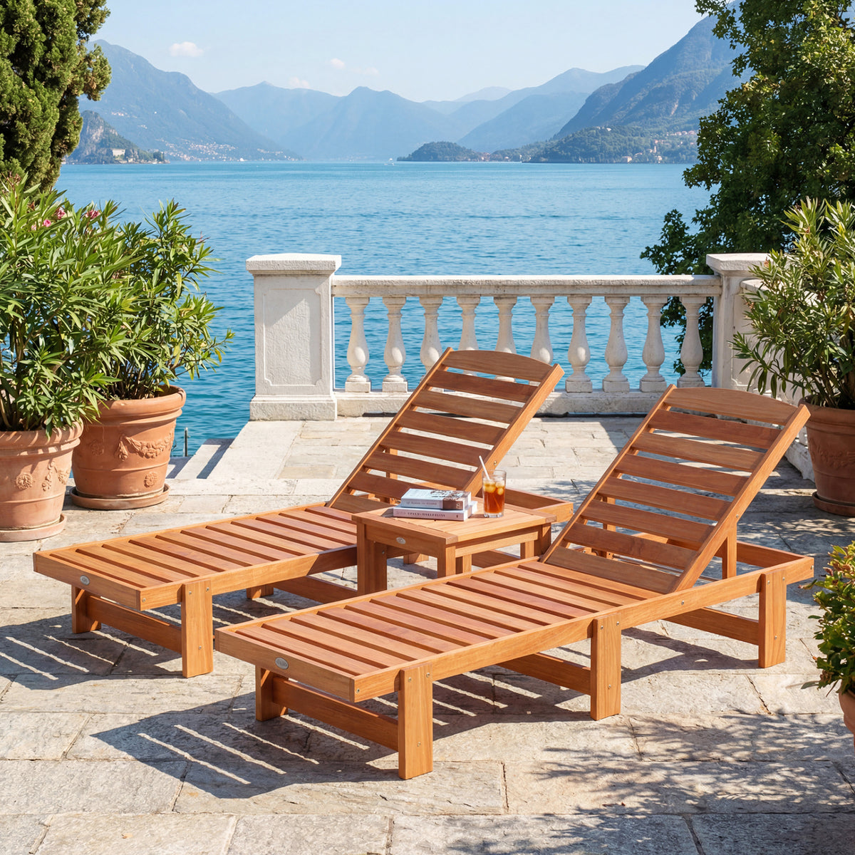 Patio Chaise Lounge Chair Solid Wood Slatted Recliner with Adjustable Backrest-1 Piece