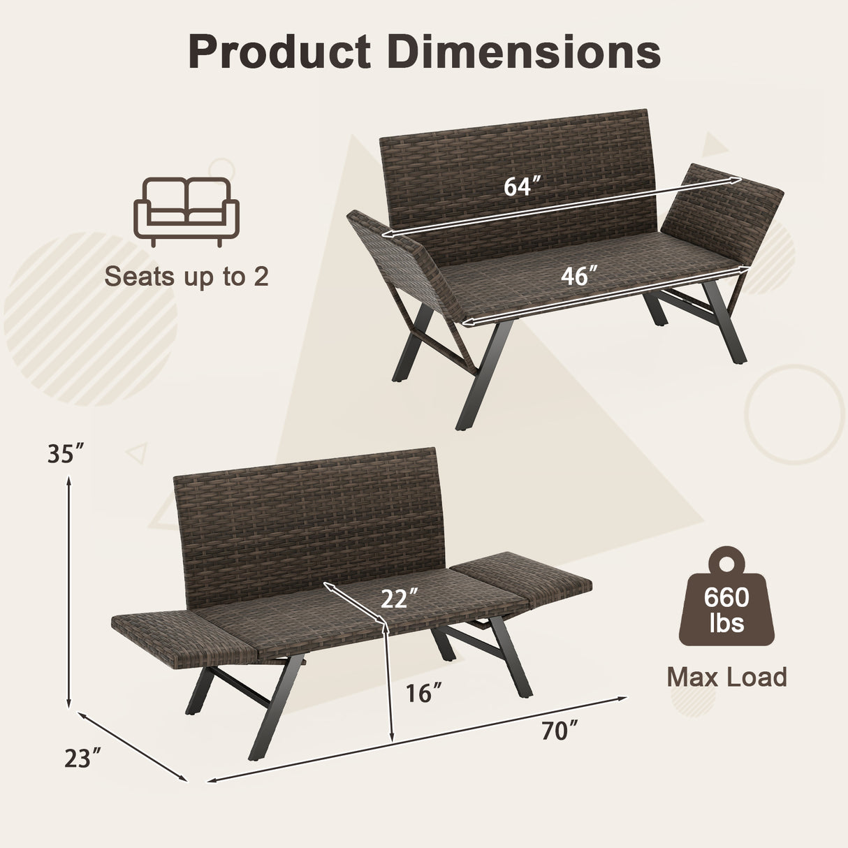 Patio Convertible Sofa for 2 Quick Dry Foam Padded Rattan with Armrests-Gray