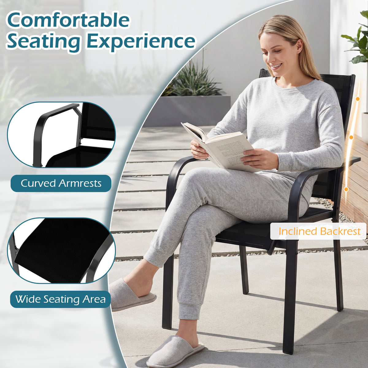 Patio Dining Chairs Set of 2/4/6 Stackable Outdoor Armchairs with Metal Frame-Set of 2/4/6