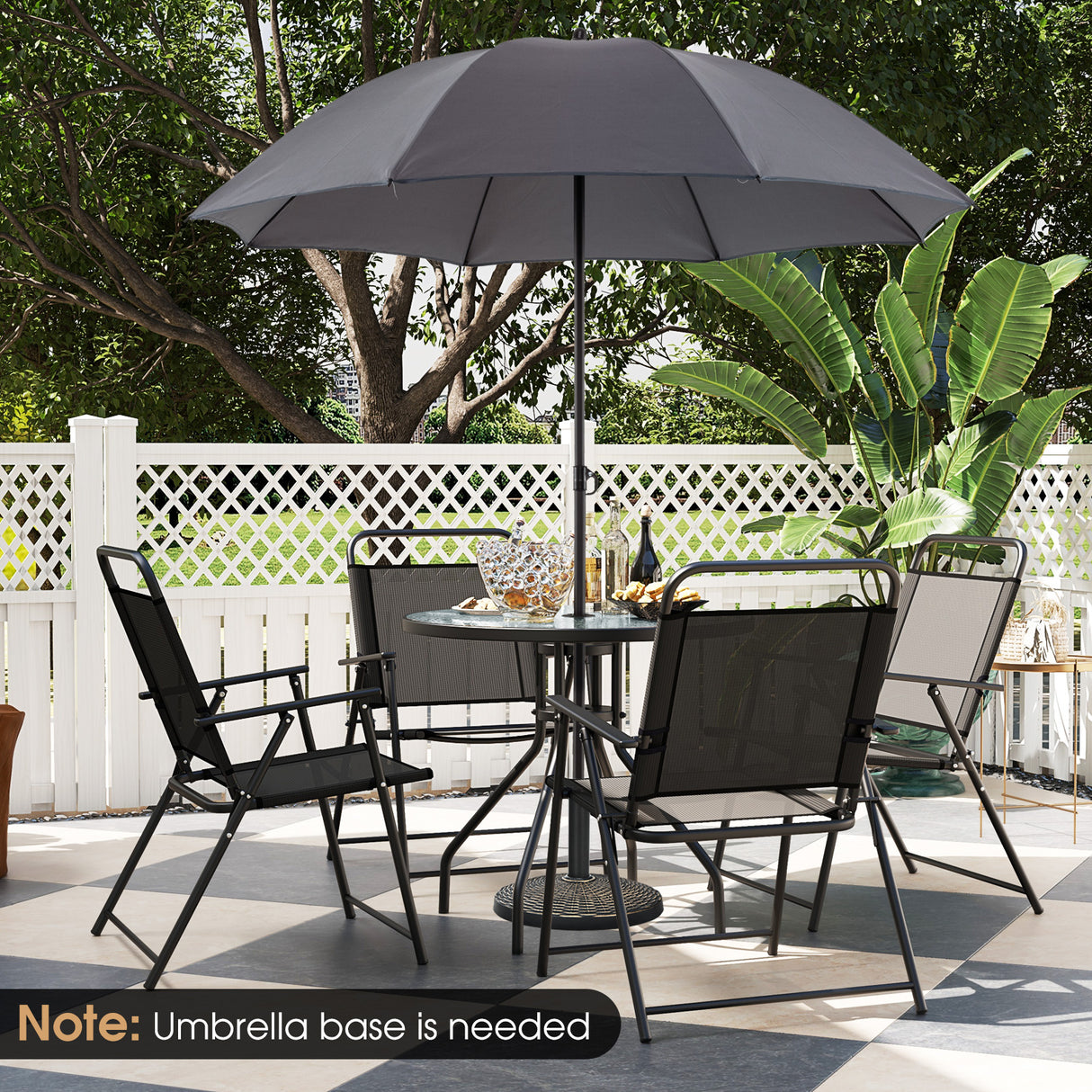 6 Pieces Patio Dining Set Folding Chairs Glass Table Tilt Umbrella for Garden