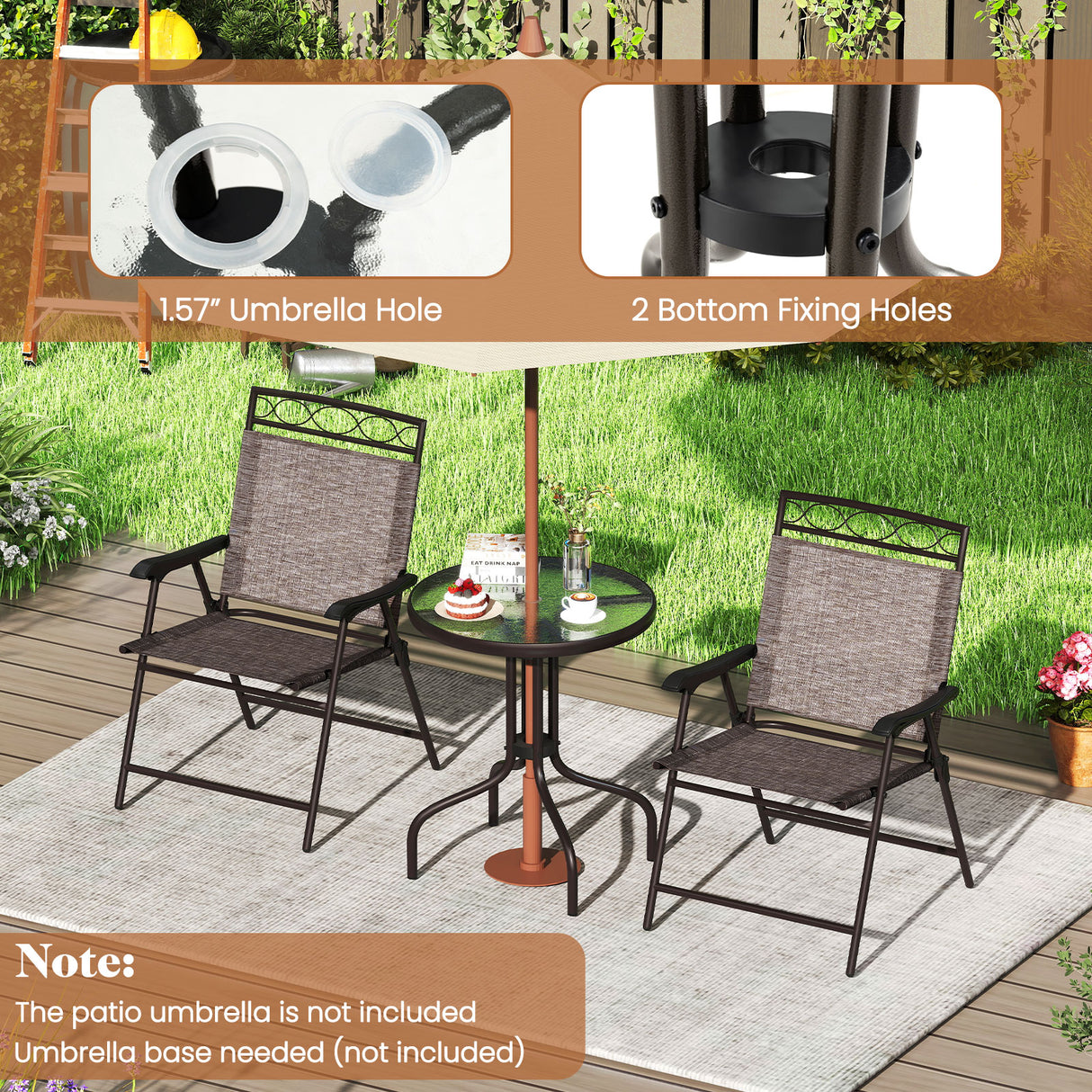 3 Pieces Outdoor Bistro Dining Furniture Set with 1.57 Inch Umbrella Hole