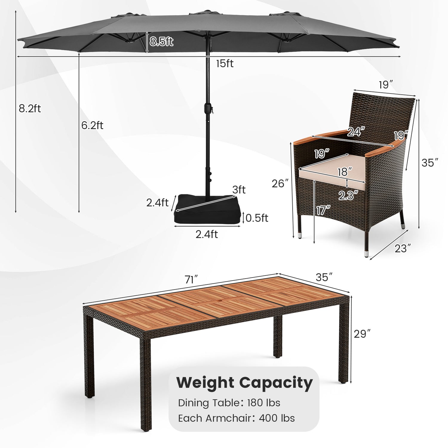 11 Pieces Patio Dining Set with 15 Feet Double-Sided Patio Umbrella and Base