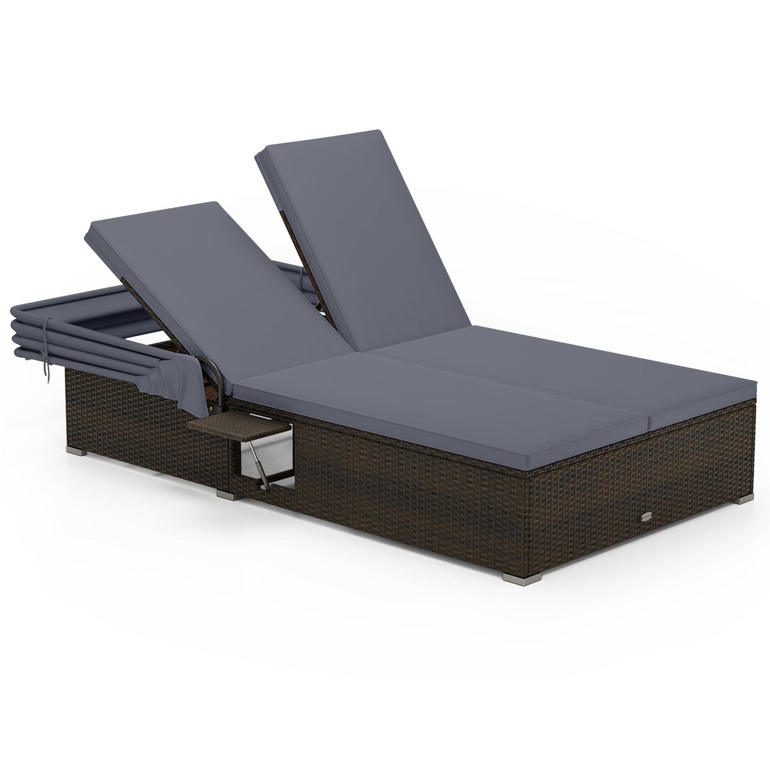 Patio Double Chaise Lounge with Shade Cushions and Folding Side Trays