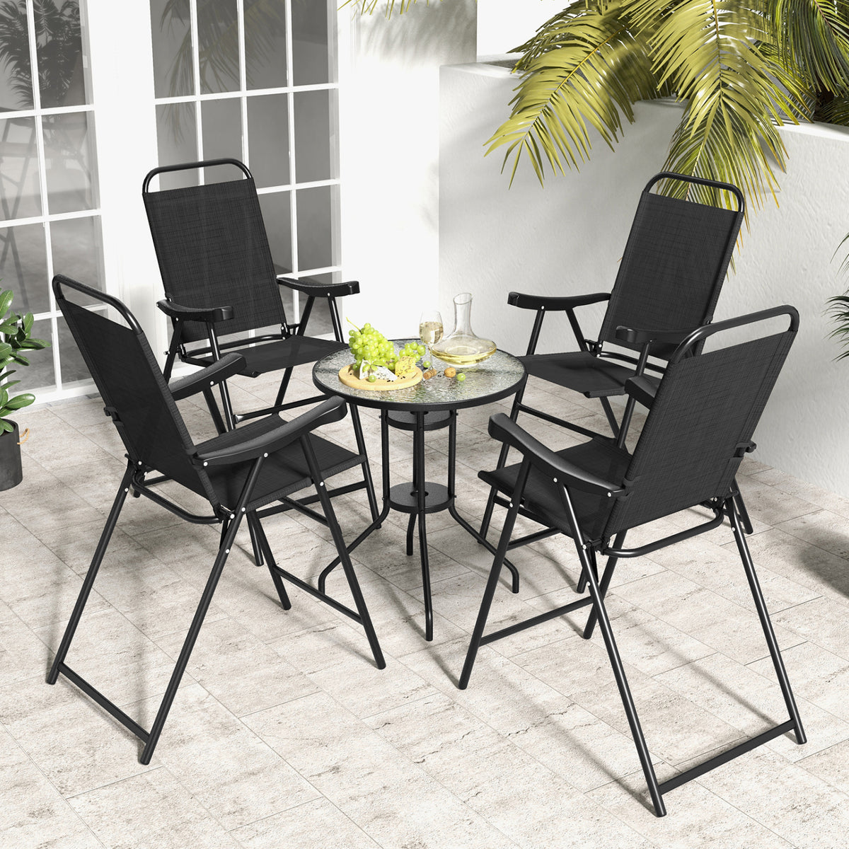 Patio Folding Bar Stool Set of 4 with Metal Frame and Footrest