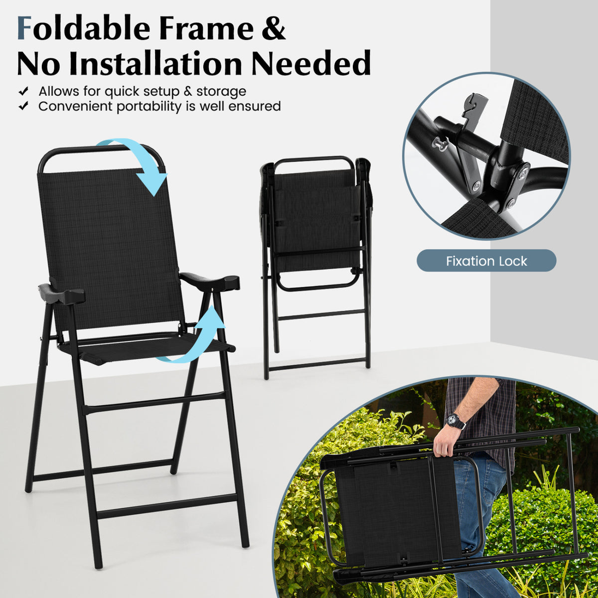 Patio Folding Bar Stool Set of 4 with Metal Frame and Footrest