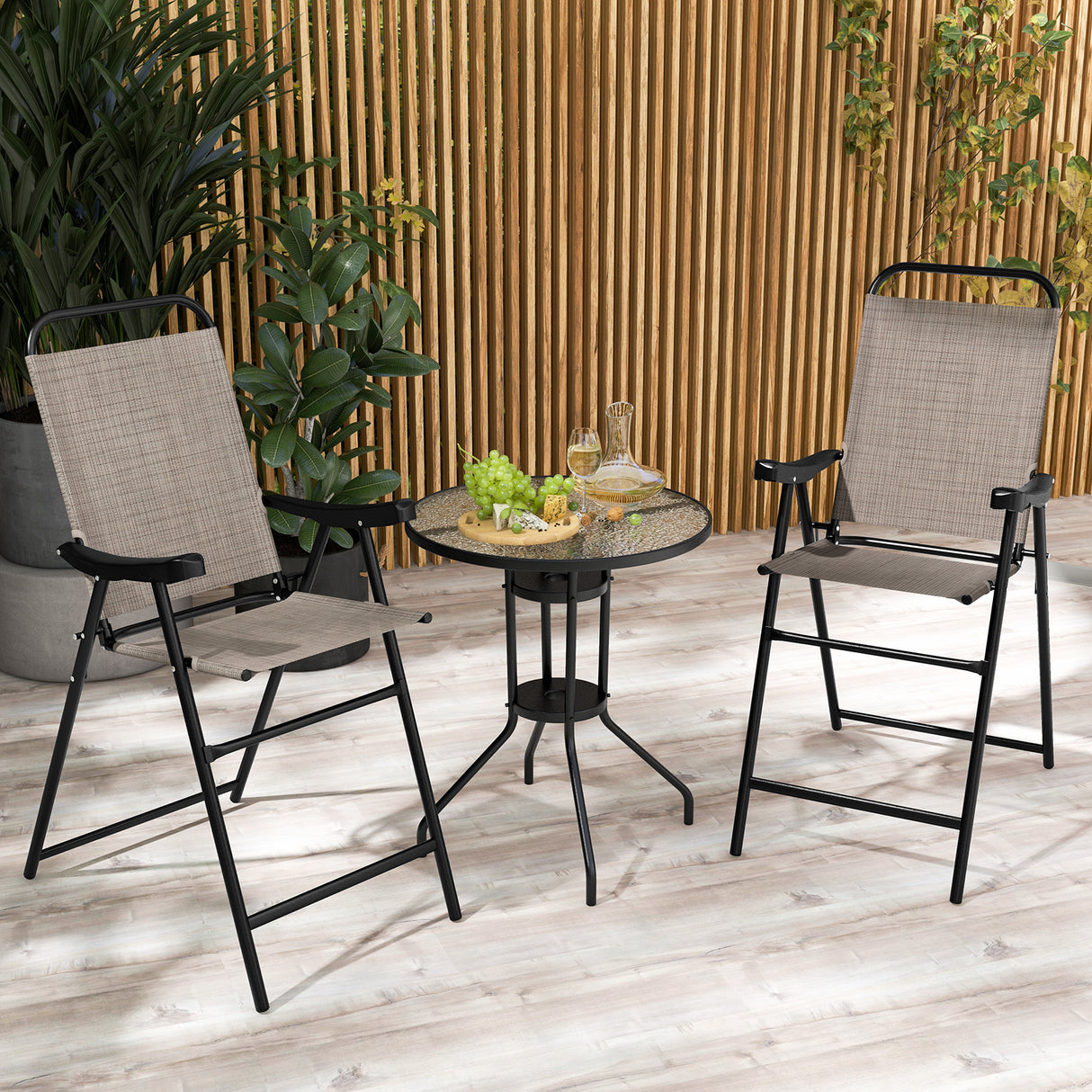 Patio Folding Bar Stool Set of 2 with Metal Frame and Footrest