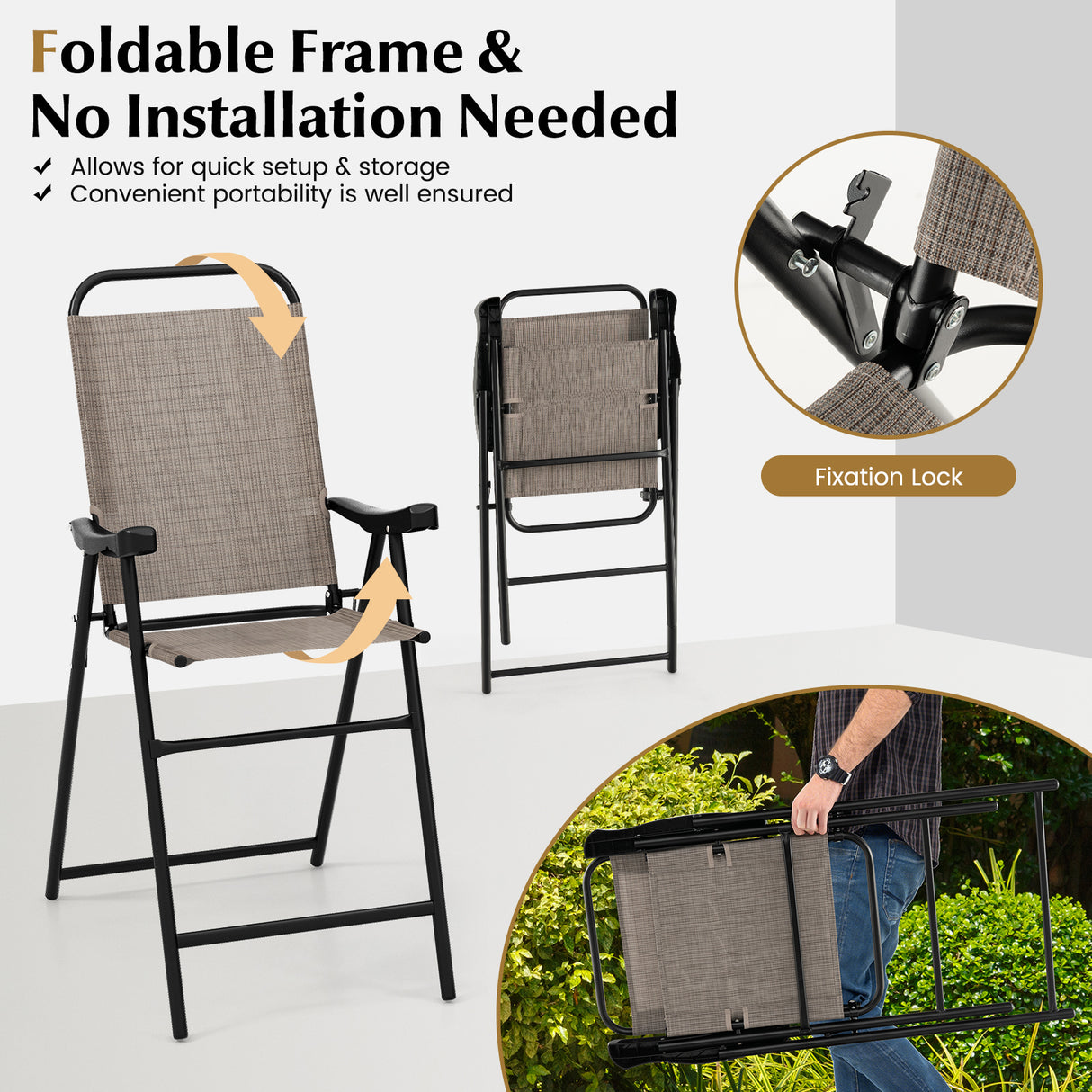 Patio Folding Bar Stool Set of 2 with Metal Frame and Footrest