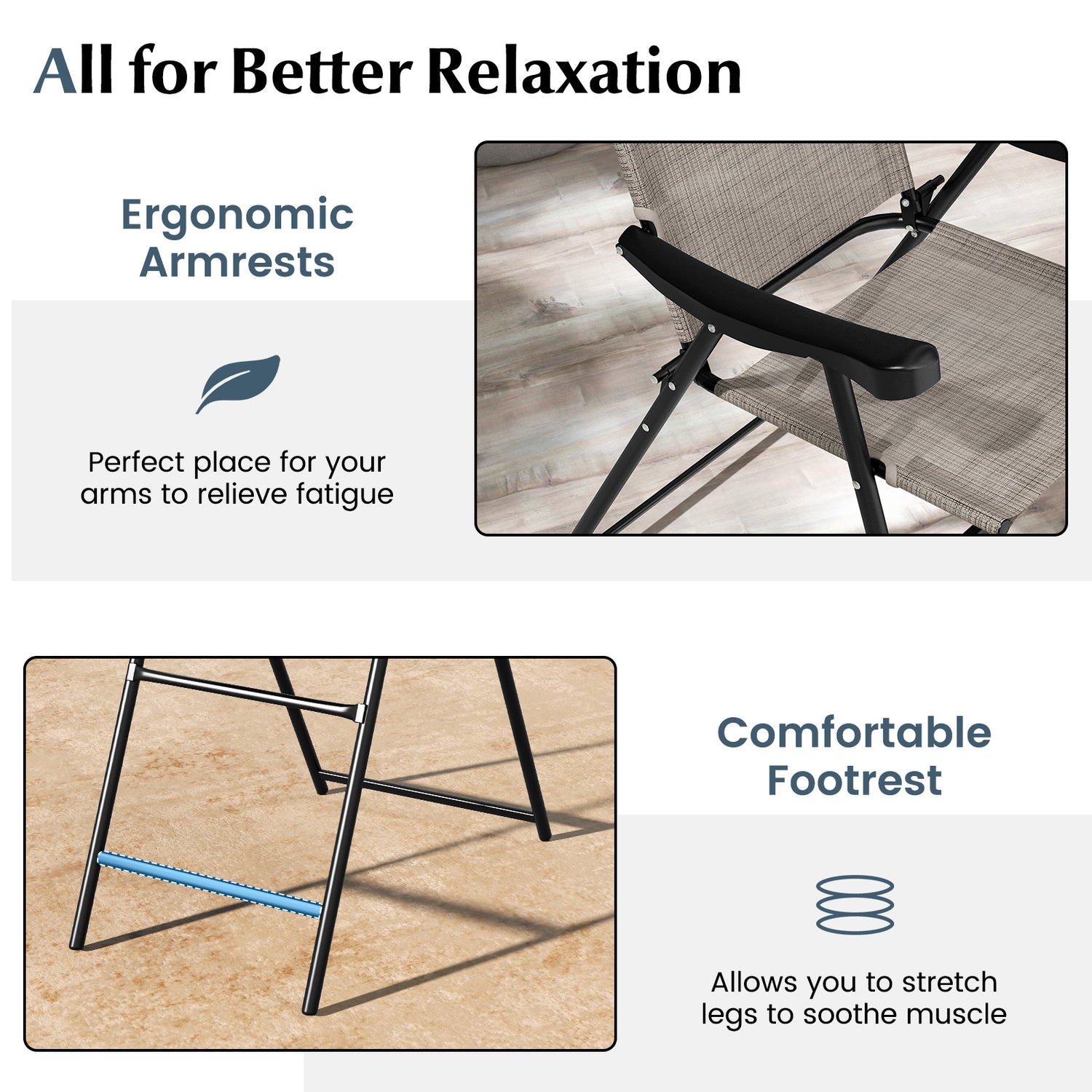 Patio Folding Bar Stool Set of 2 with Metal Frame and Footrest