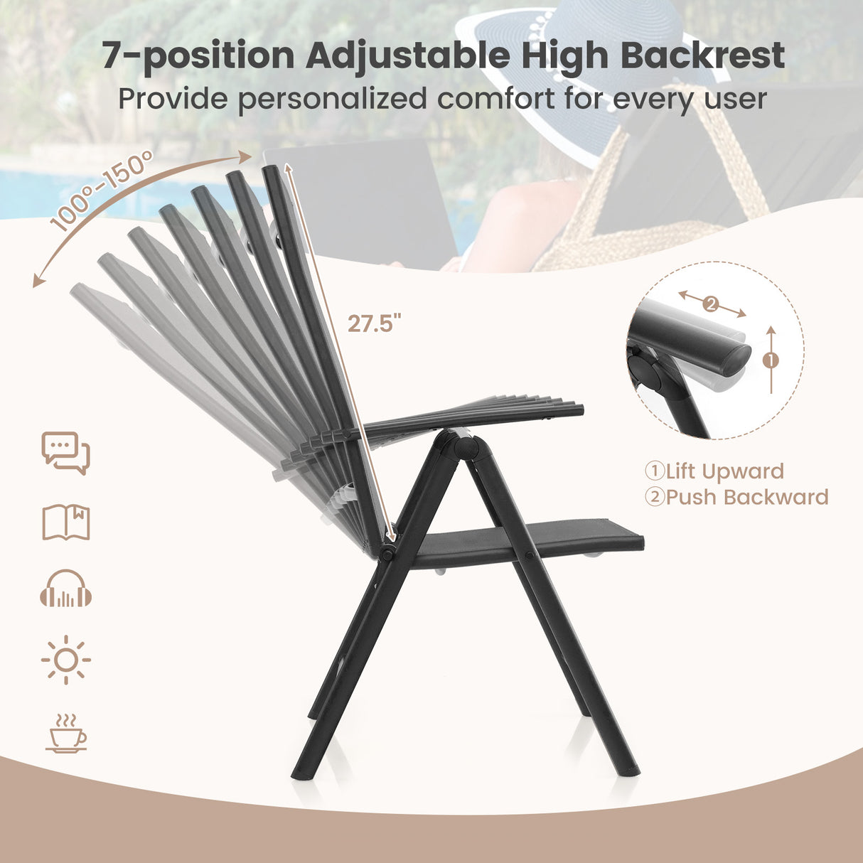 1 Piece Patio Folding Dining Chairs with 7-Level Adjustable High Backrest