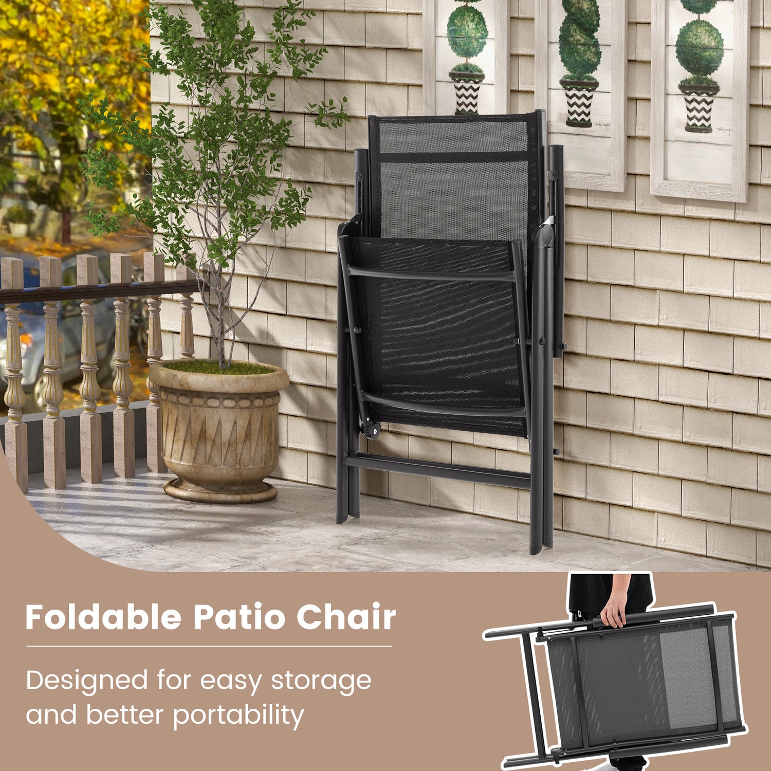 1 Piece Patio Folding Dining Chairs with 7-Level Adjustable High Backrest