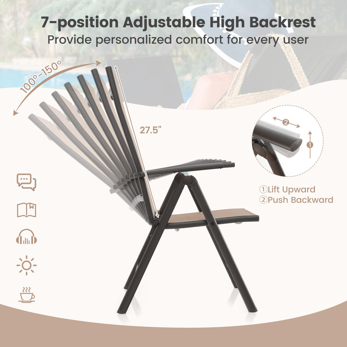 1 Piece Patio Folding Dining Chairs with 7-Level Adjustable High Backrest