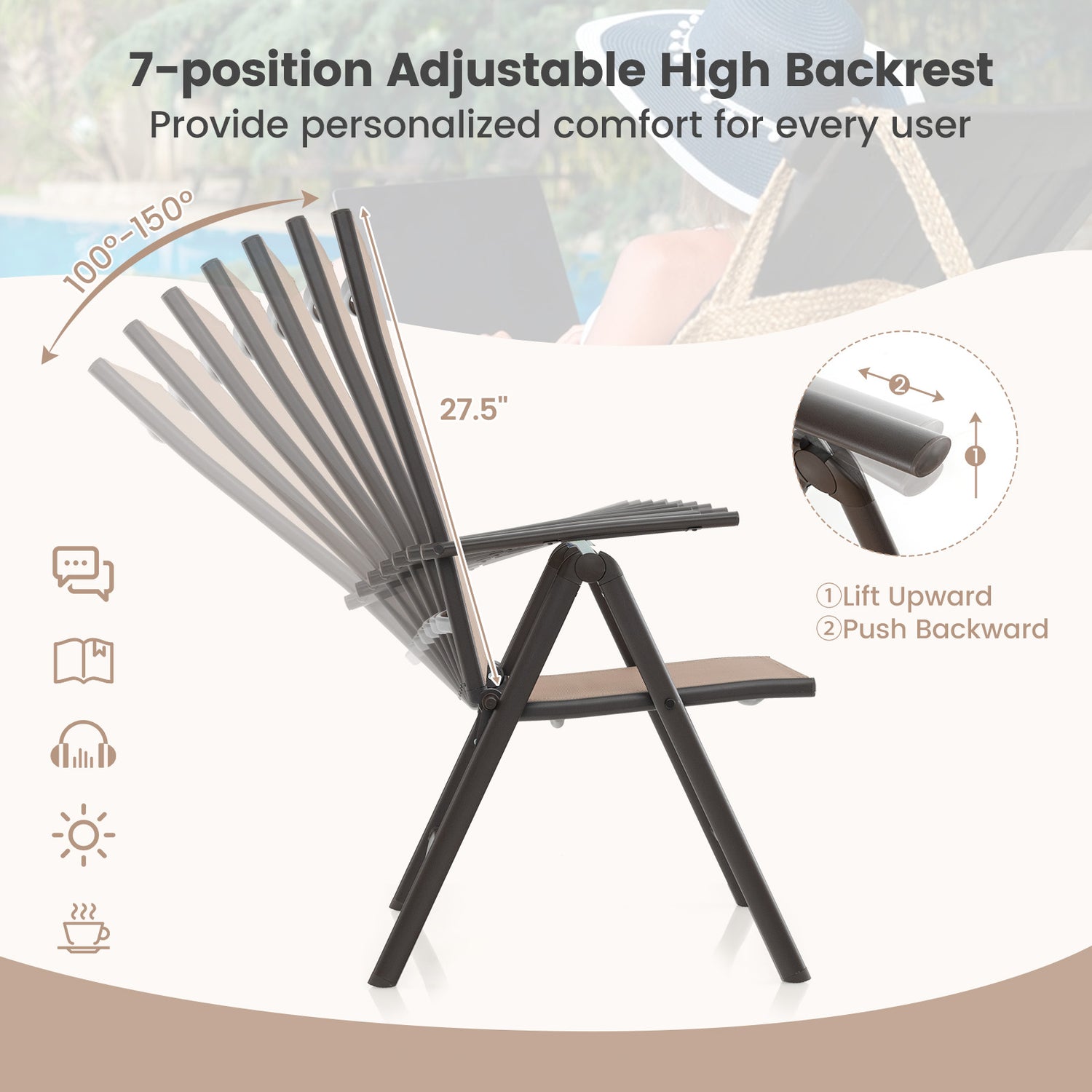1 Piece Patio Folding Dining Chairs with 7-Level Adjustable High Backrest