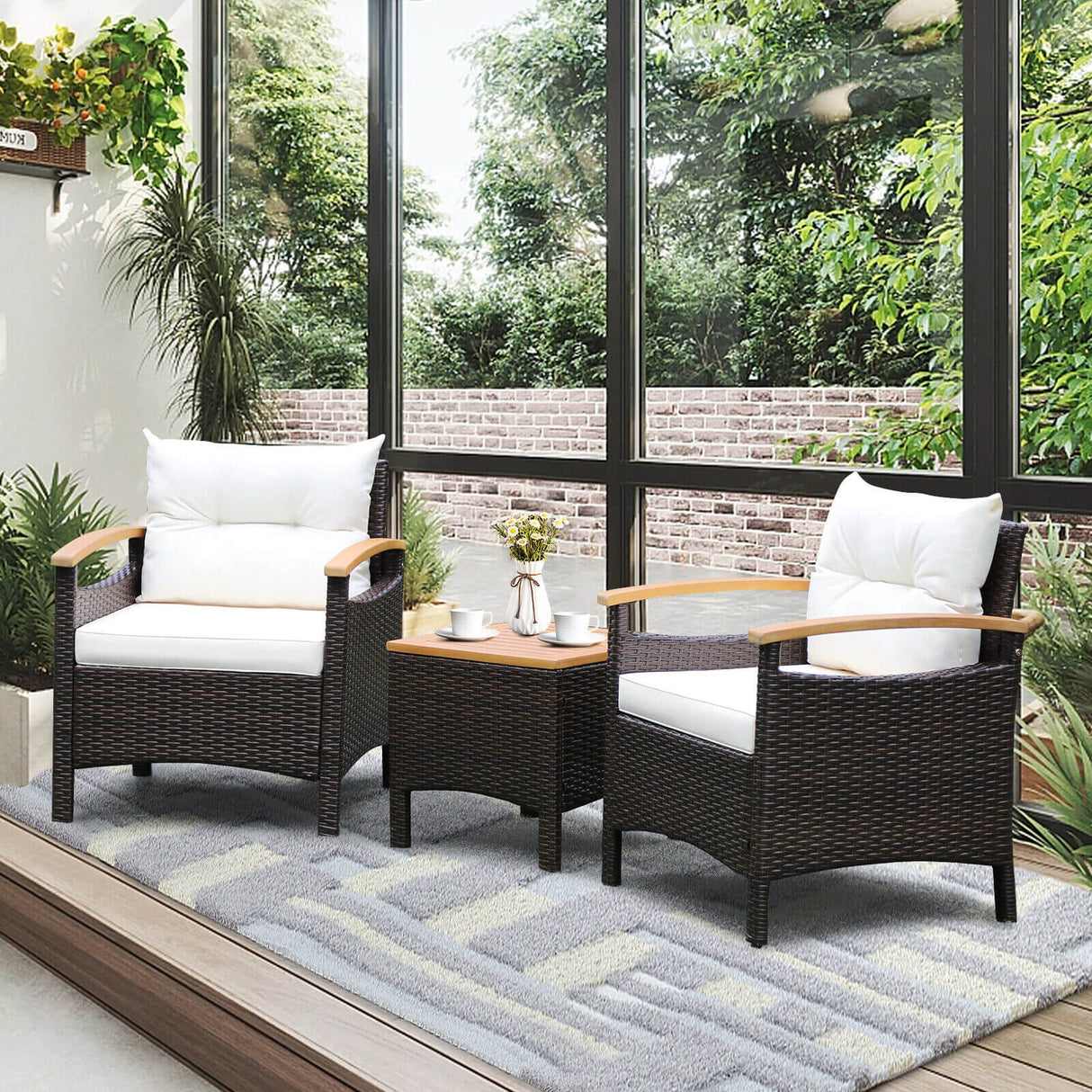3 Pieces Patio Rattan Furniture Set with Removable Cushion