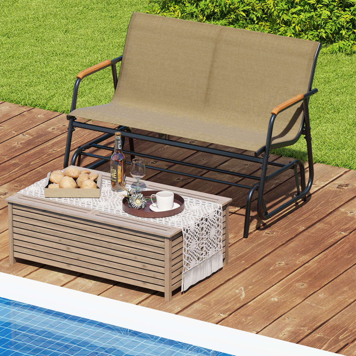 Patio Glider Bench with Curved Teak Armrests and Breathable Fabric Seat for 2 People