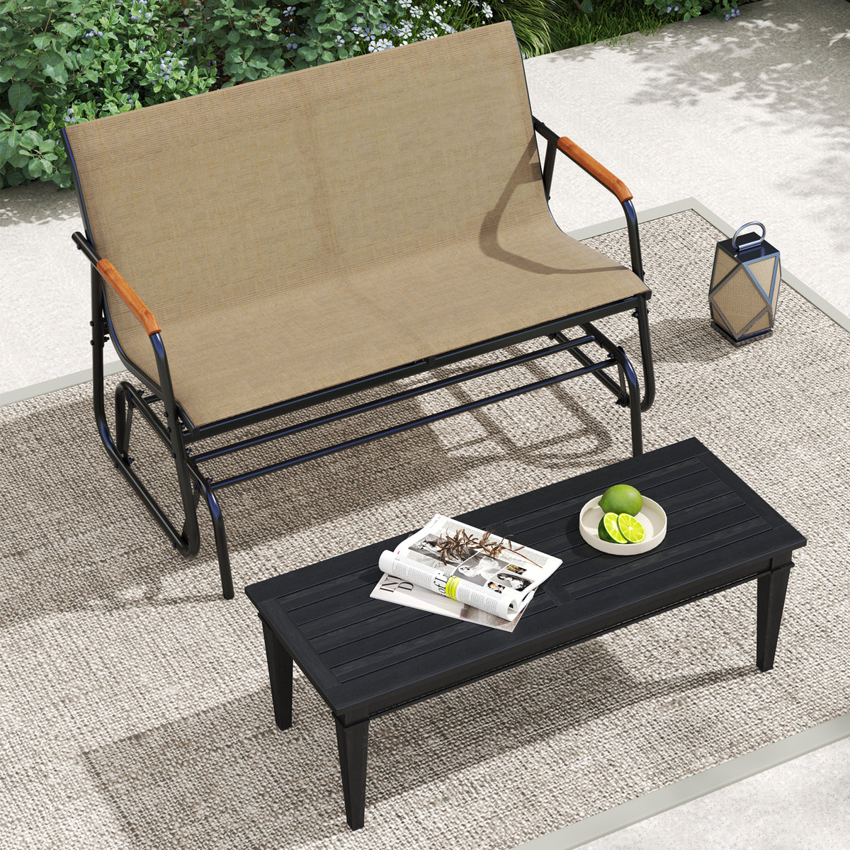 Patio Glider Bench with Curved Teak Armrests and Breathable Fabric Seat for 2 People