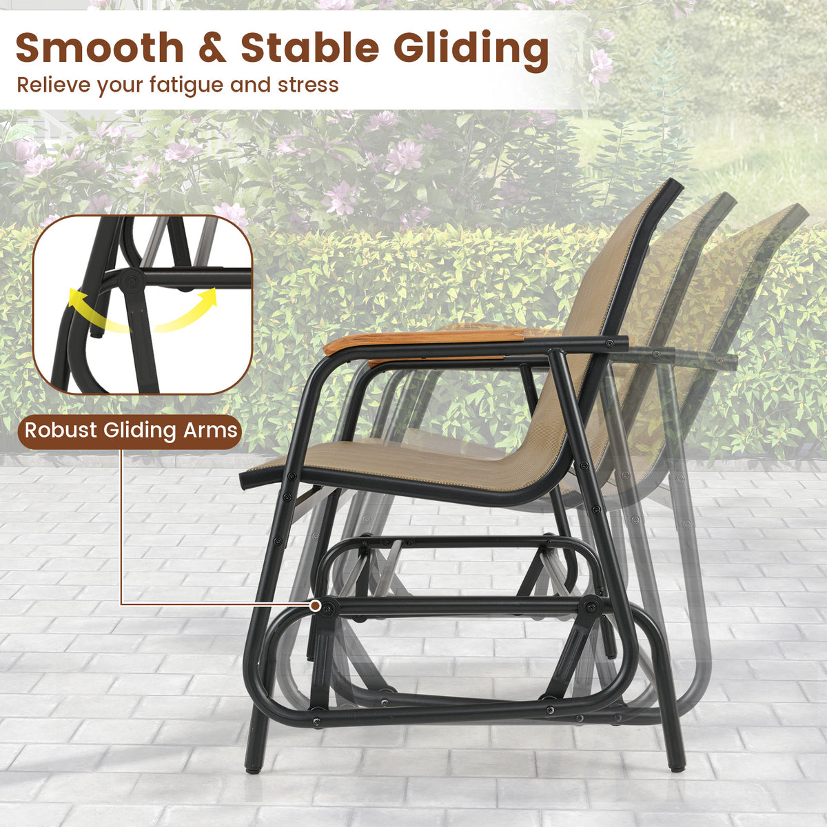 Patio Glider Bench with Curved Teak Armrests and Breathable Fabric Seat for 2 People