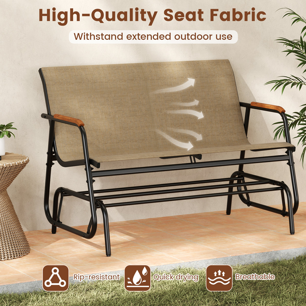Patio Glider Bench with Curved Teak Armrests and Breathable Fabric Seat for 2 People