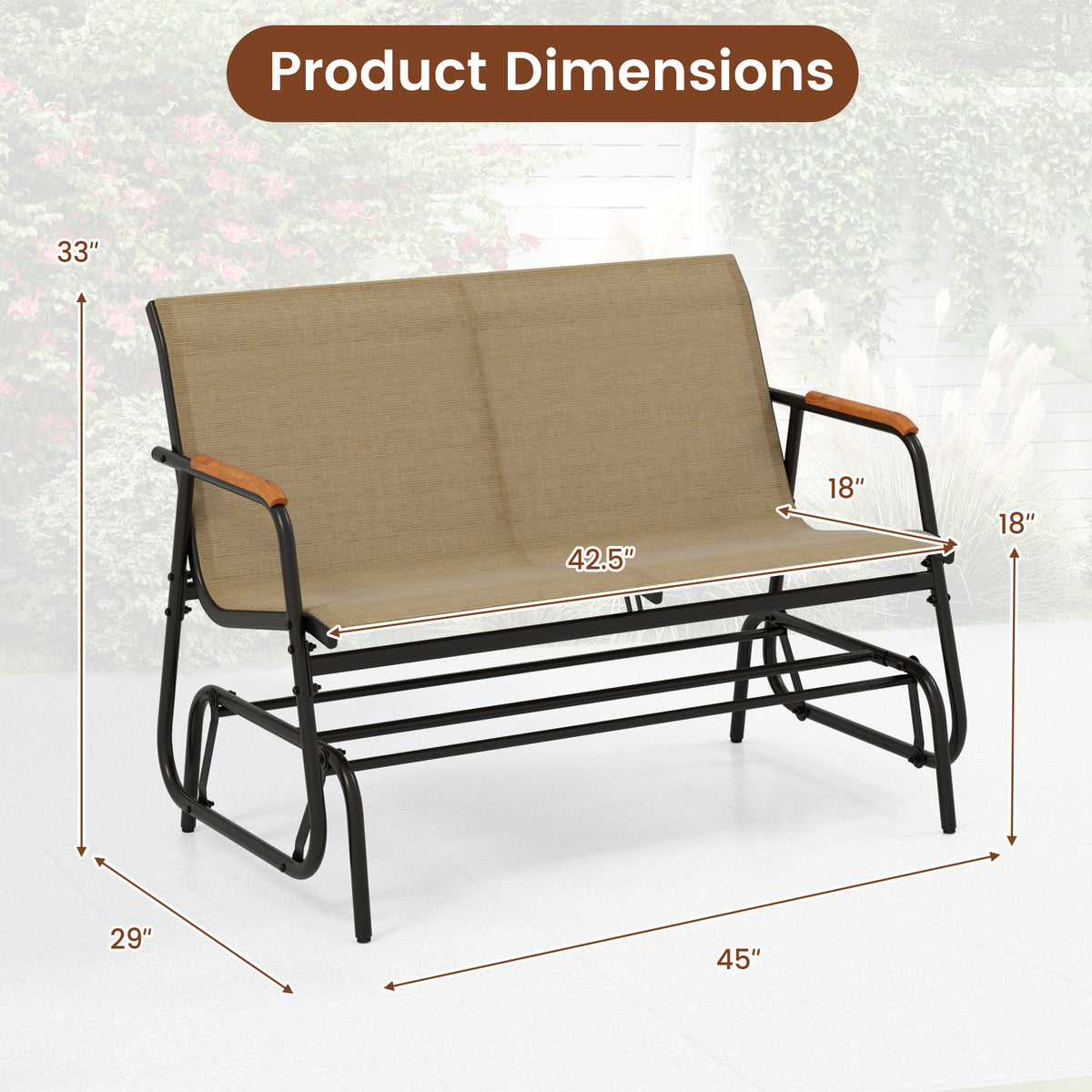 Patio Glider Bench with Curved Teak Armrests and Breathable Fabric Seat for 2 People