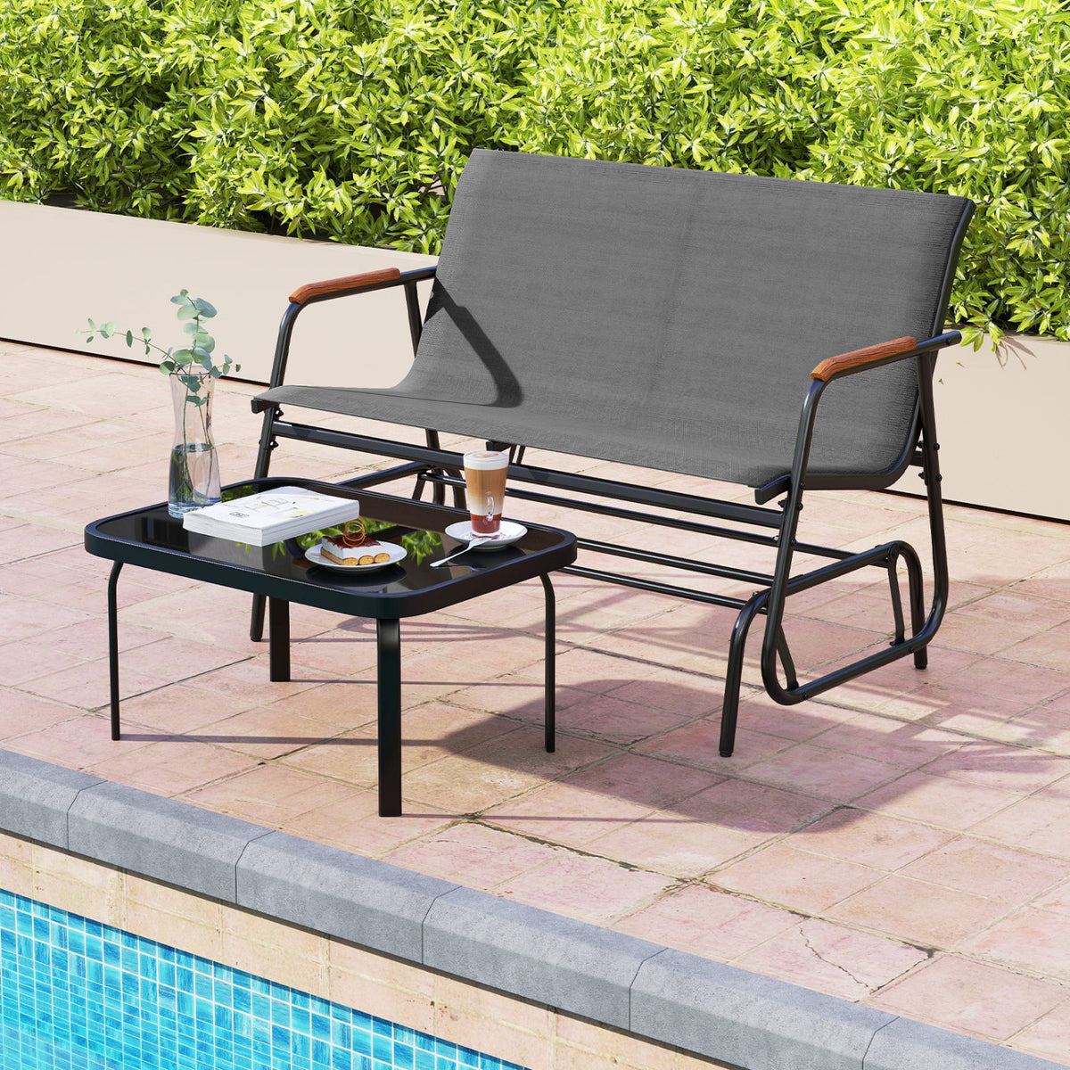 Patio Glider Bench with Curved Teak Armrests and Breathable Fabric Seat for 2 People