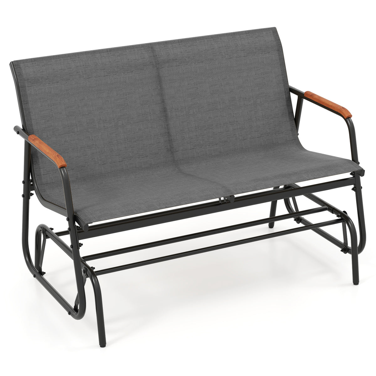 Patio Glider Bench with Curved Teak Armrests and Breathable Fabric Seat for 2 People