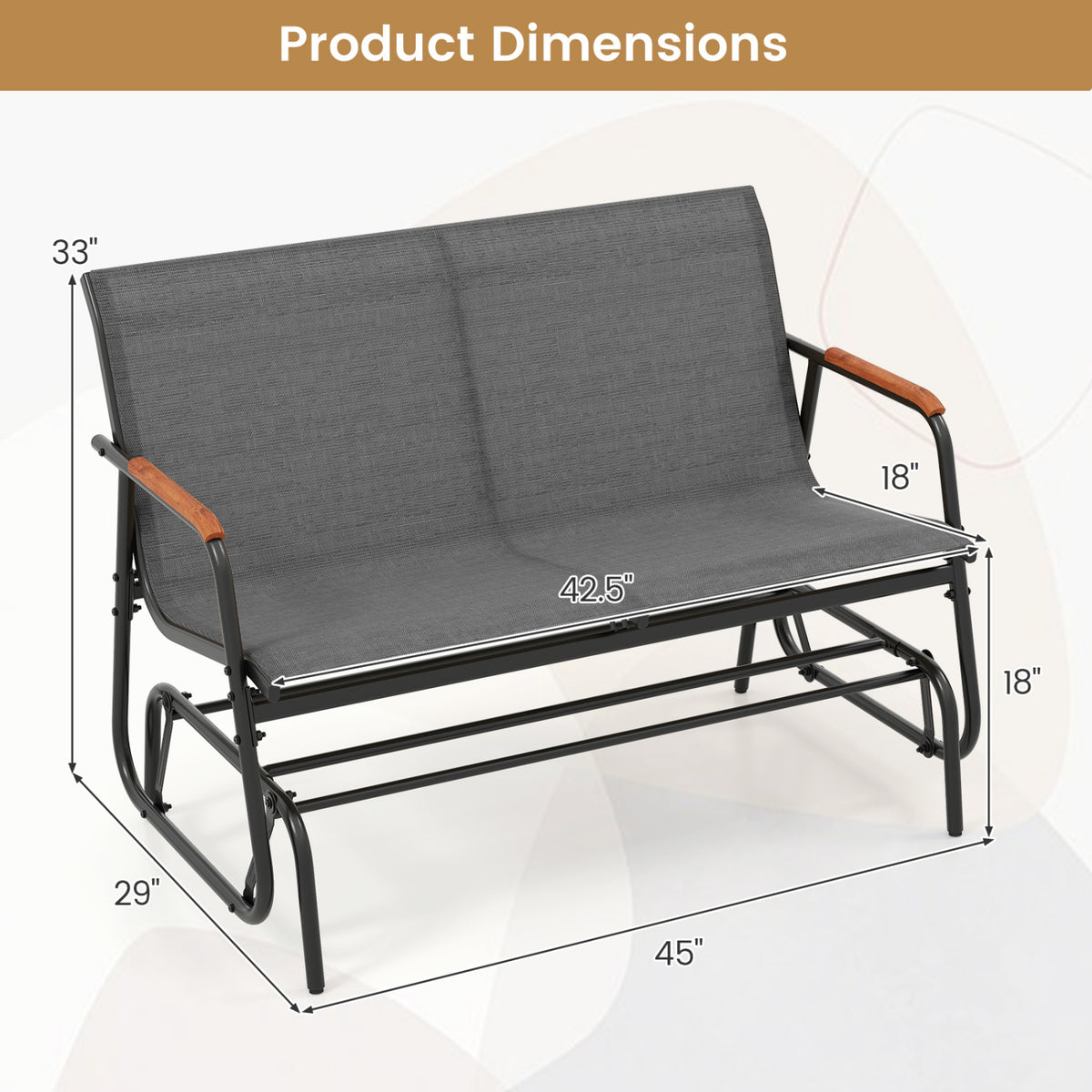 Patio Glider Bench with Curved Teak Armrests and Breathable Fabric Seat for 2 People