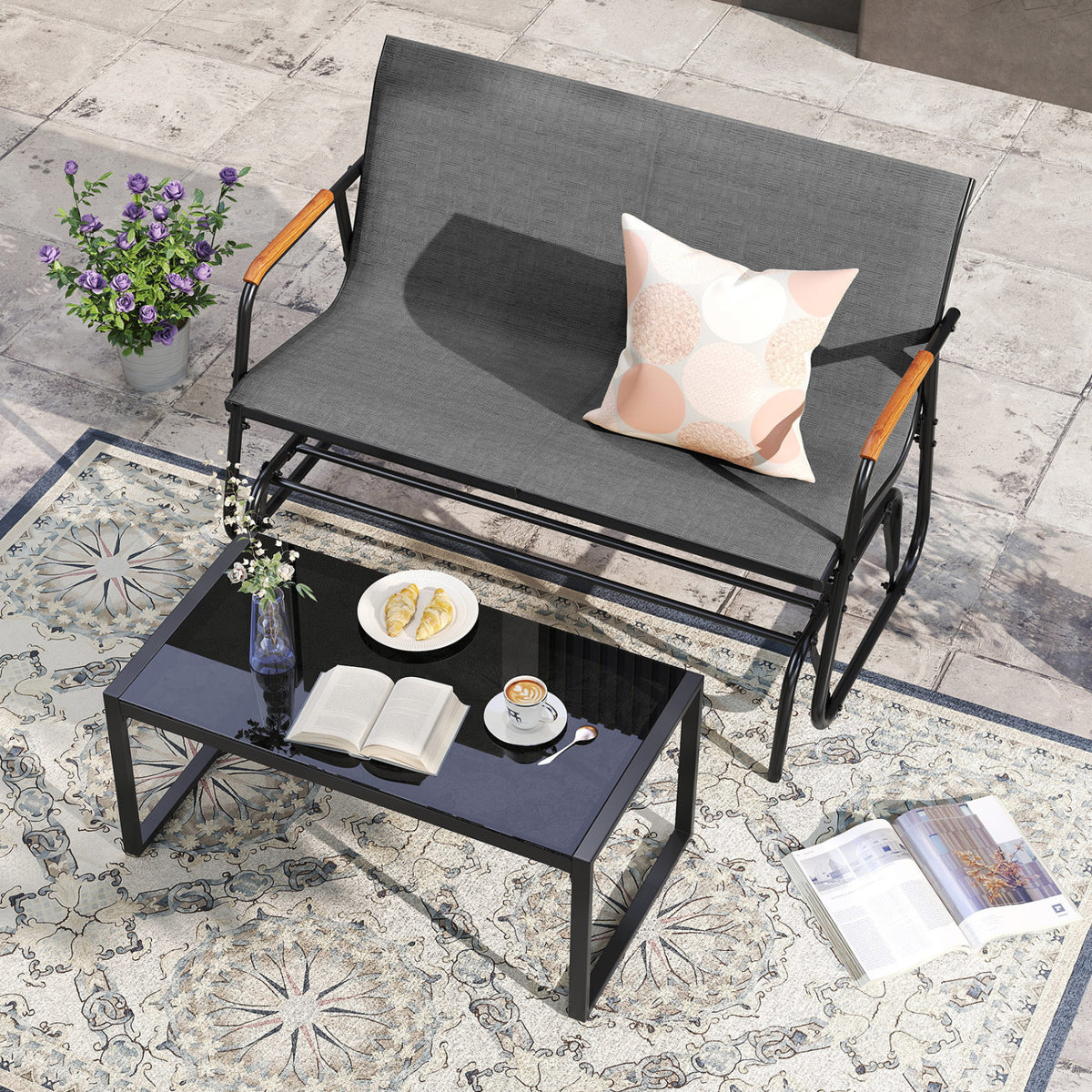 Patio Glider Bench with Curved Teak Armrests and Breathable Fabric Seat for 2 People