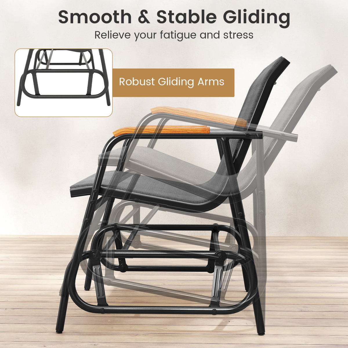 Patio Glider Bench with Curved Teak Armrests and Breathable Fabric Seat for 2 People