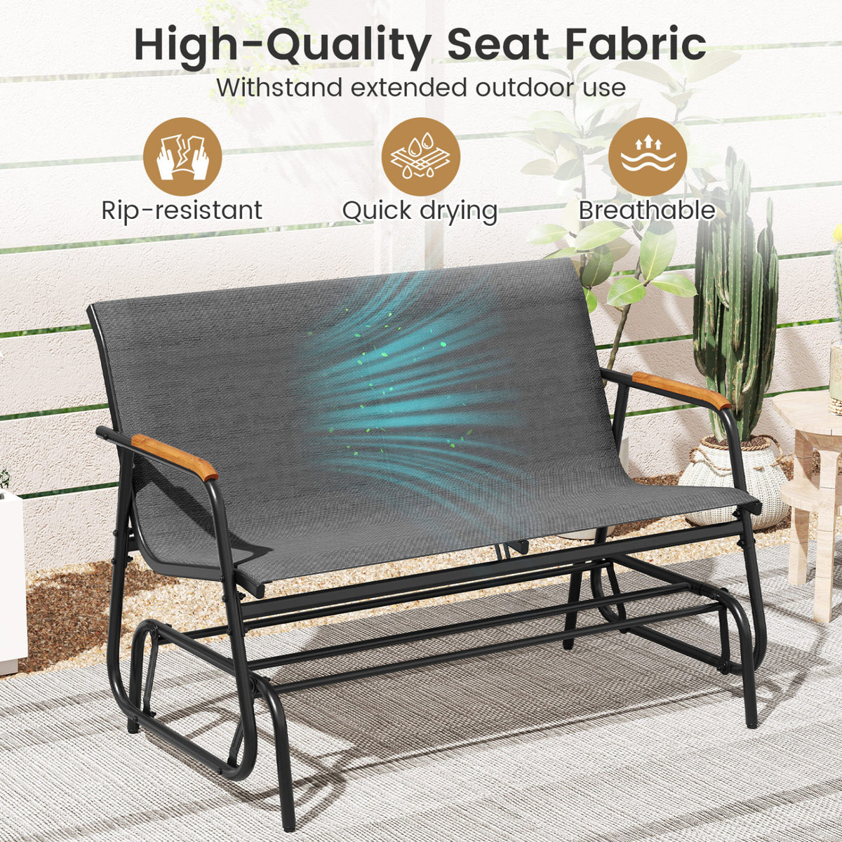 Patio Glider Bench with Curved Teak Armrests and Breathable Fabric Seat for 2 People
