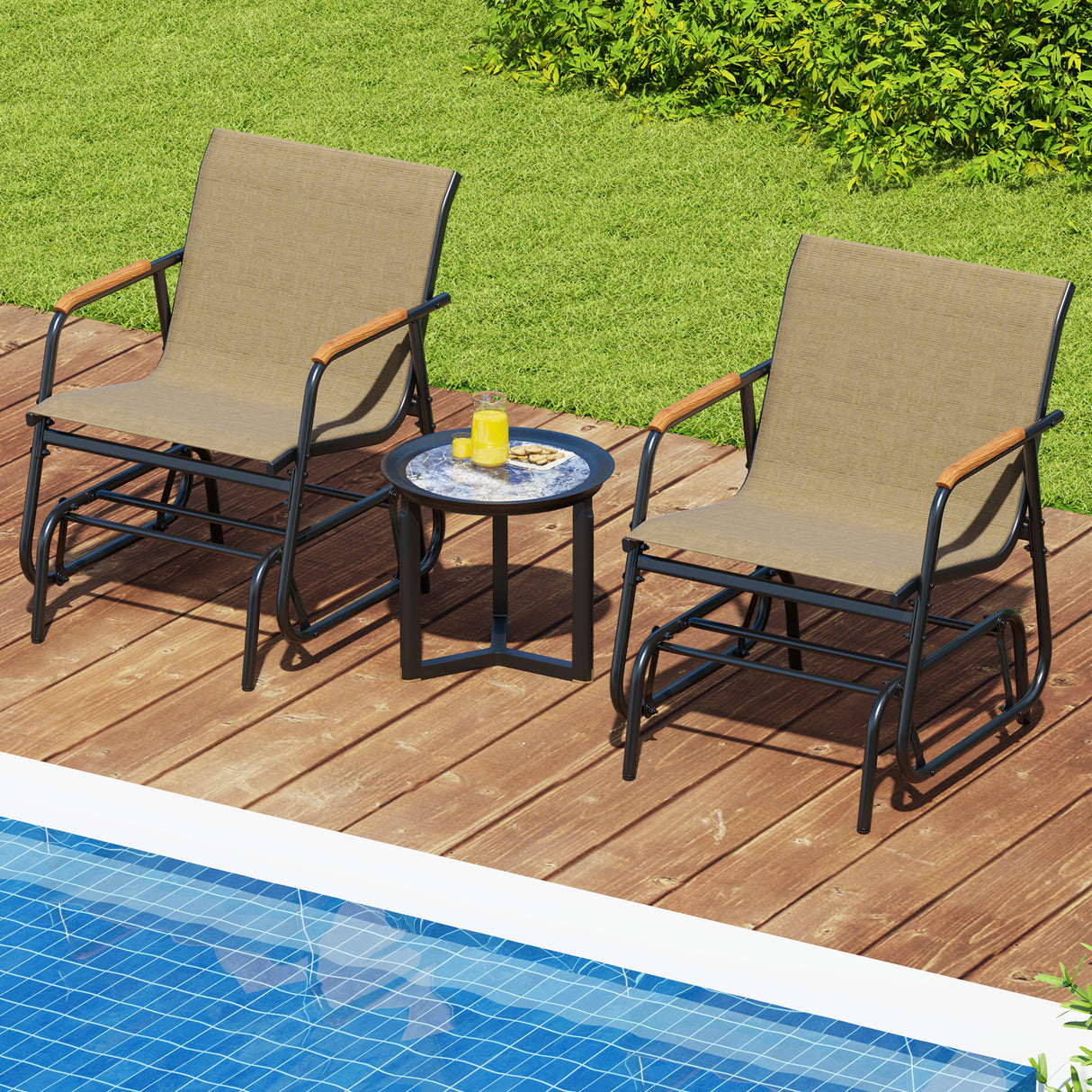 Patio Glider Chair Set of 2 with Curved Teak Armrests and Breathable Fabric Seat-Brown
