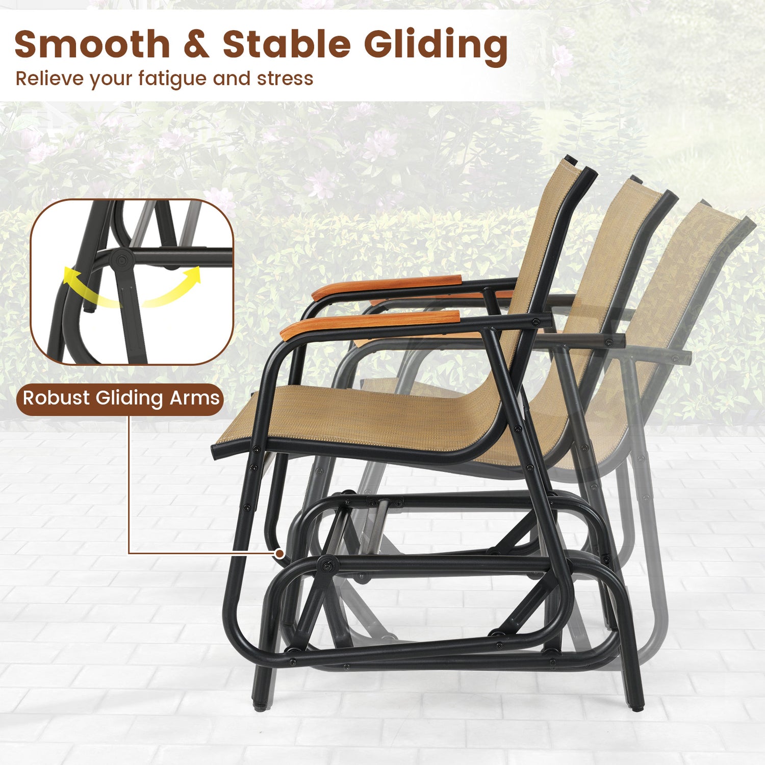 Patio Glider Chair Set of 2 with Curved Teak Armrests and Breathable Fabric Seat-Brown
