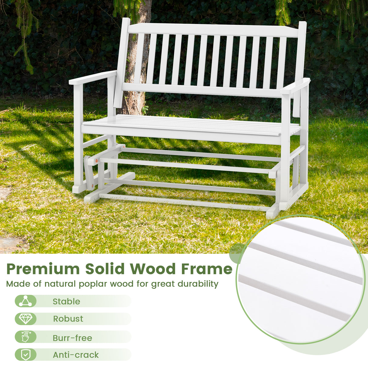 2 Seats Outdoor Glider Bench with Armrests and Slatted Seat