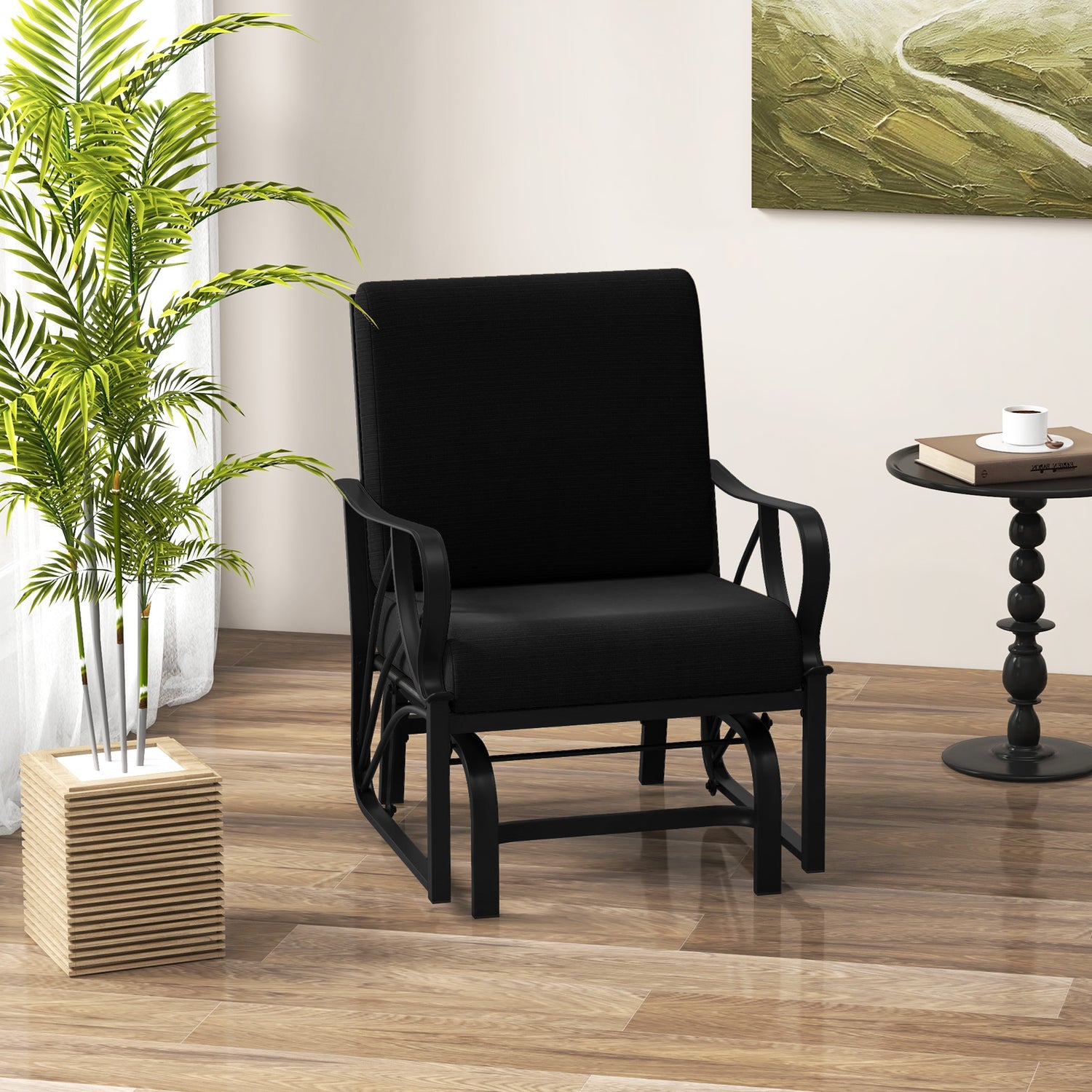 Patio Glider Rocking Chair with Thick Cushion and Curved Armrest