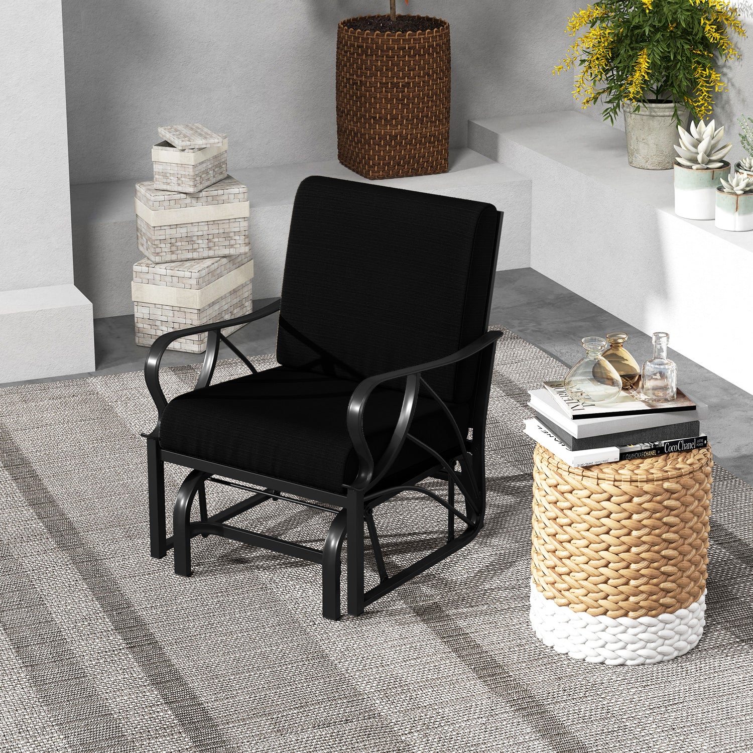 Patio Glider Rocking Chair with Thick Cushion and Curved Armrest
