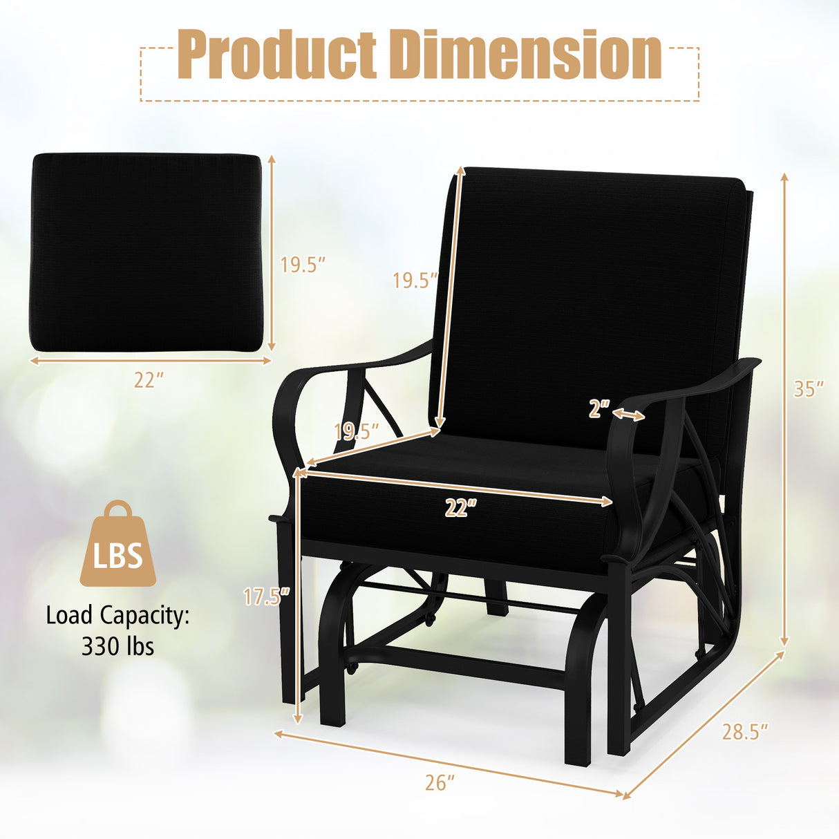 Patio Glider Rocking Chair with Thick Cushion and Curved Armrest