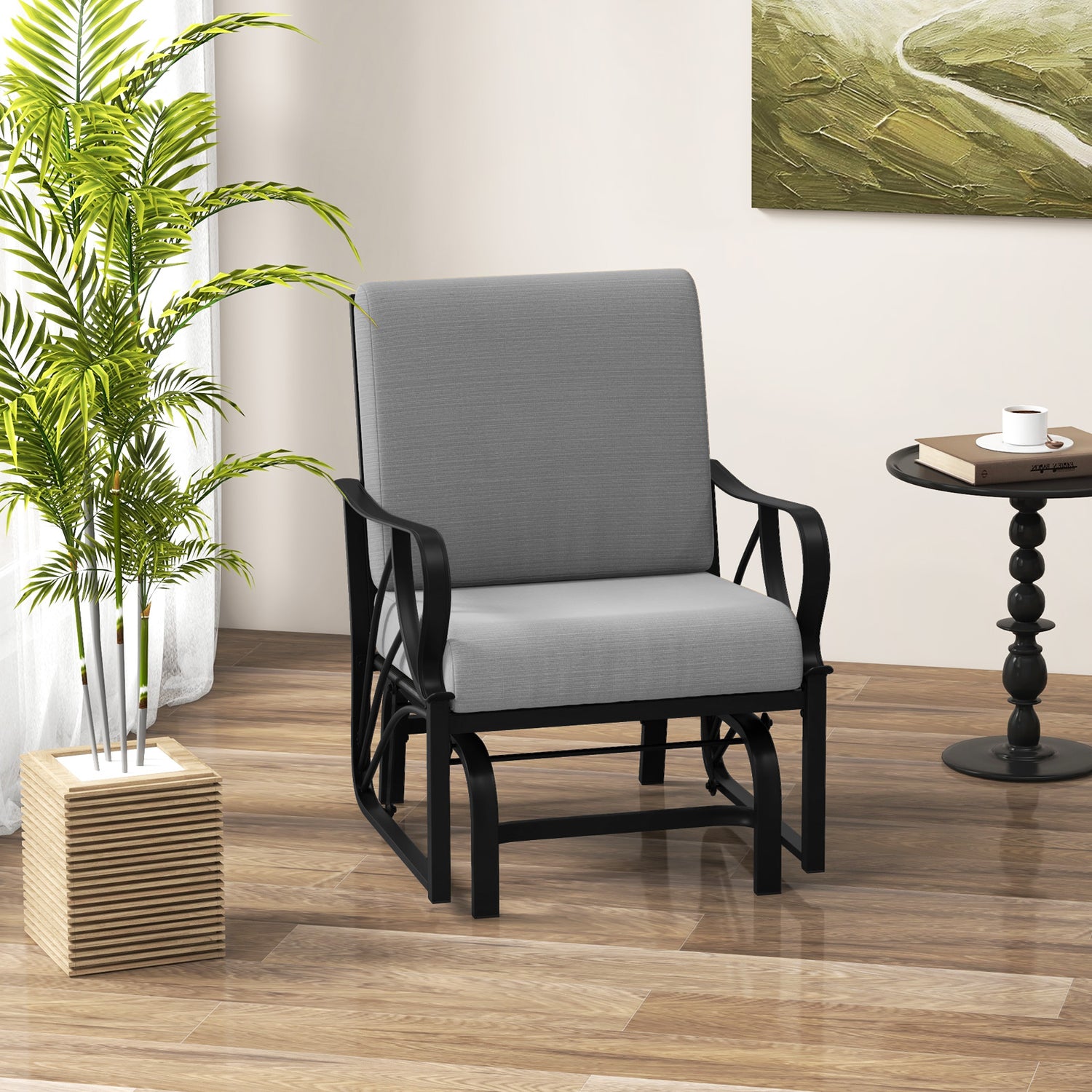 Patio Glider Rocking Chair with Thick Cushion and Curved Armrest