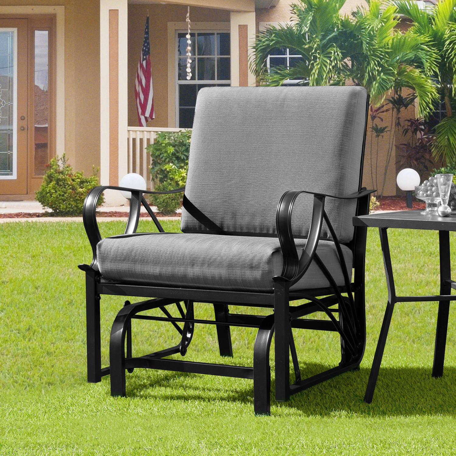 Patio Glider Rocking Chair with Thick Cushion and Curved Armrest
