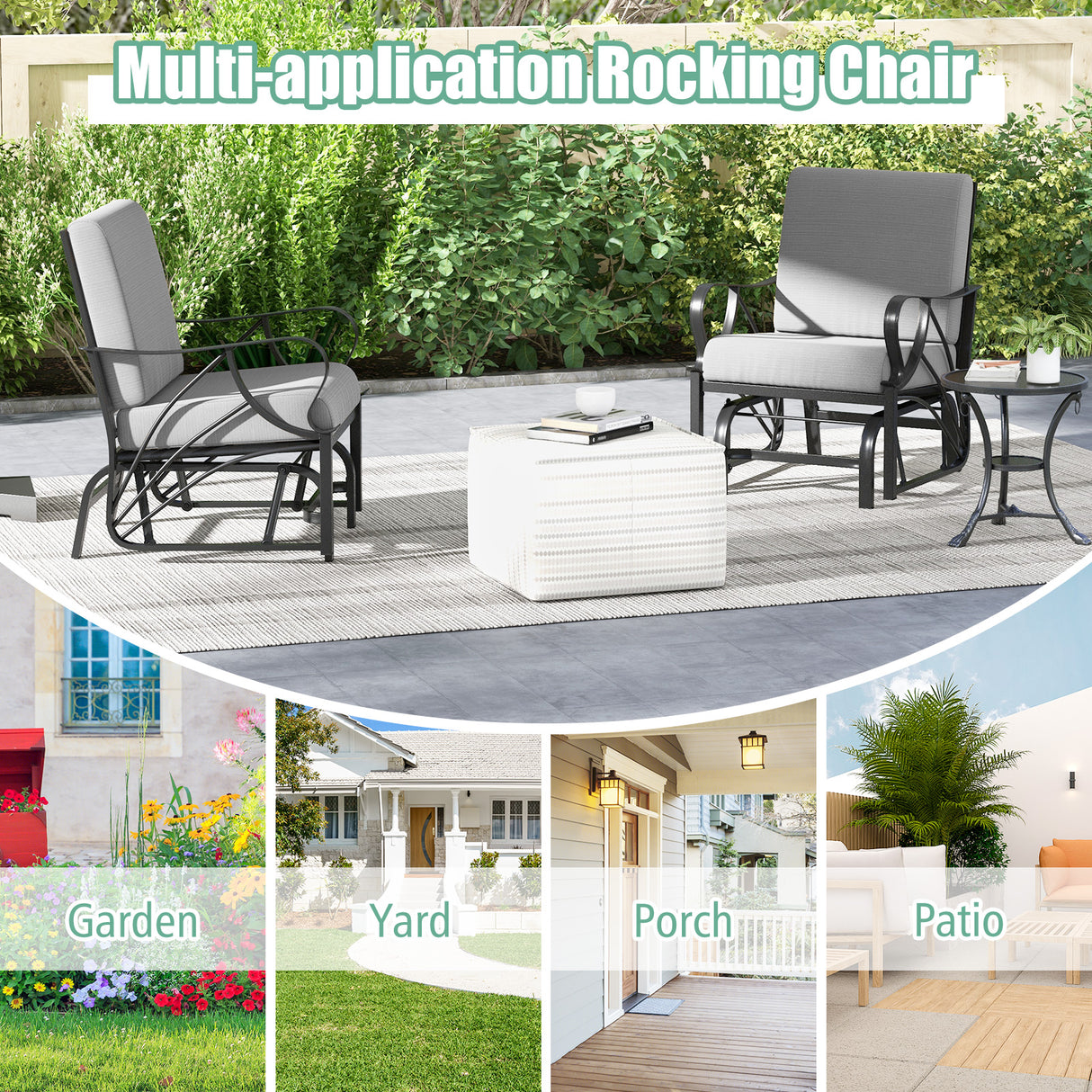 Patio Glider Rocking Chair with Thick Cushion and Curved Armrest