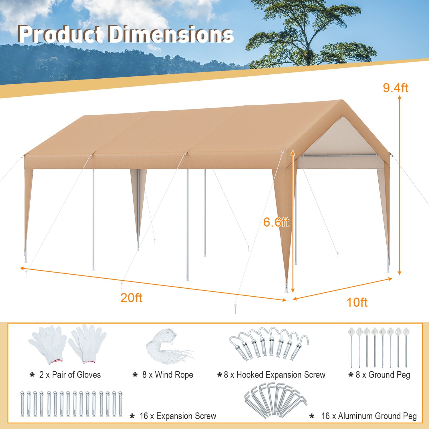 10 x 20 Feet Portable Garage Tent Carport with Galvanized Steel Frame
