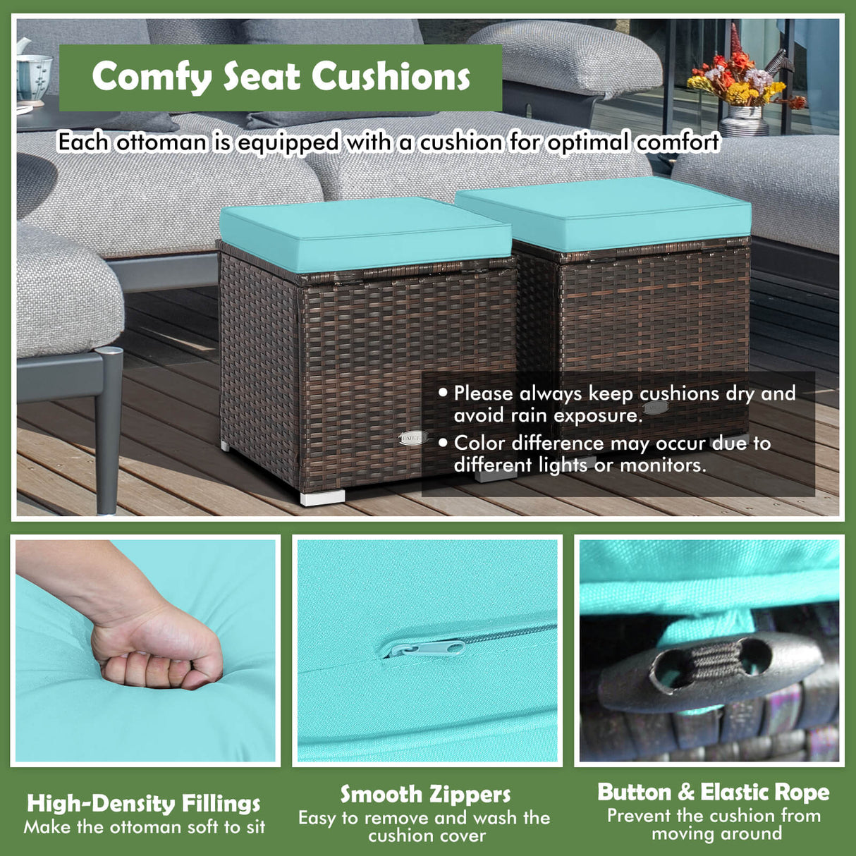 2 Pieces Patio Ottoman with Removable Cushions