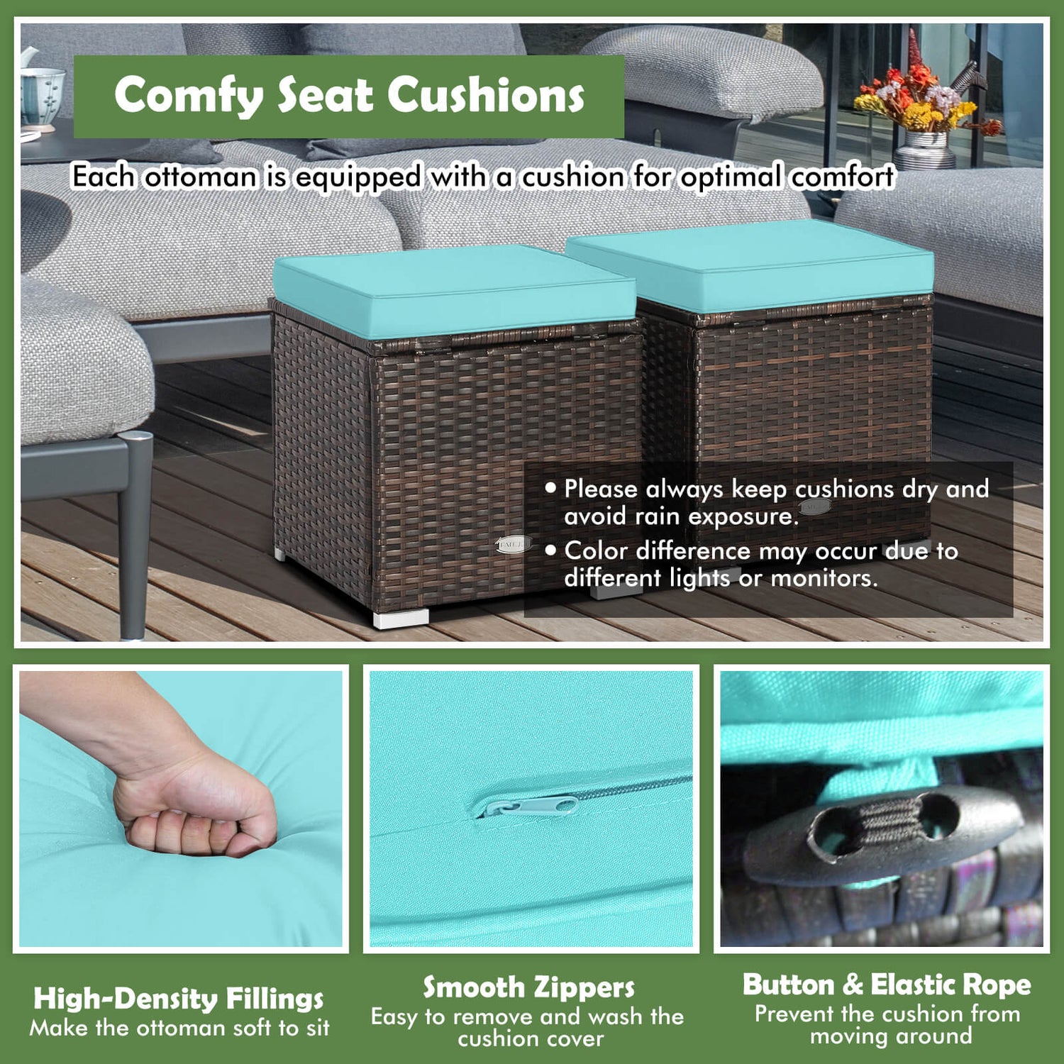 2 Pieces Patio Ottoman with Removable Cushions