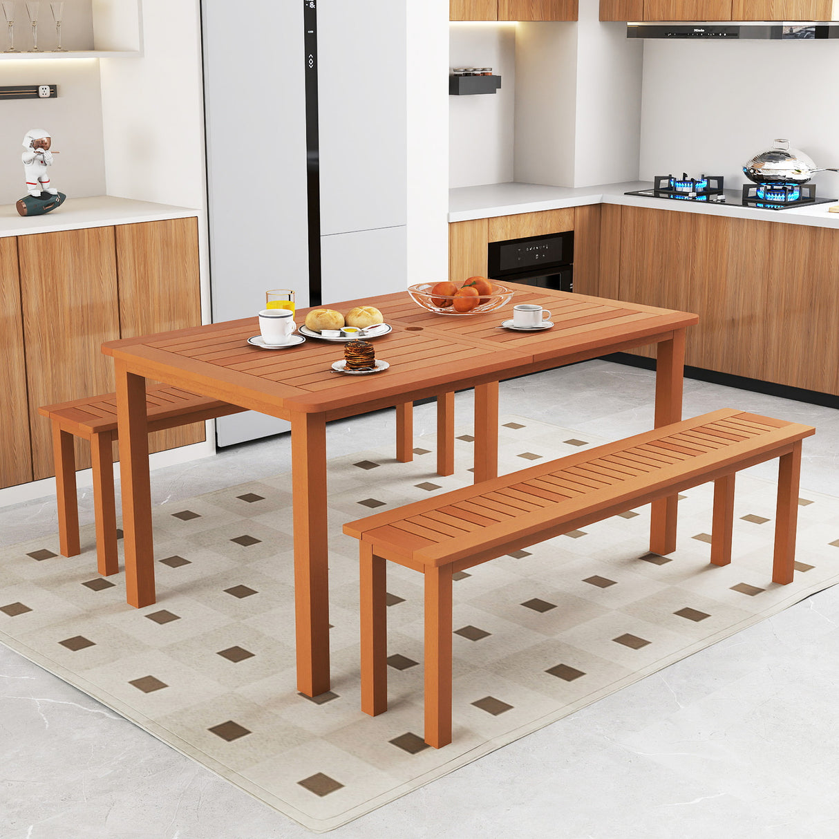 Patio Outdoor Solid Wood Dining Table with Umbrella Hole for 6